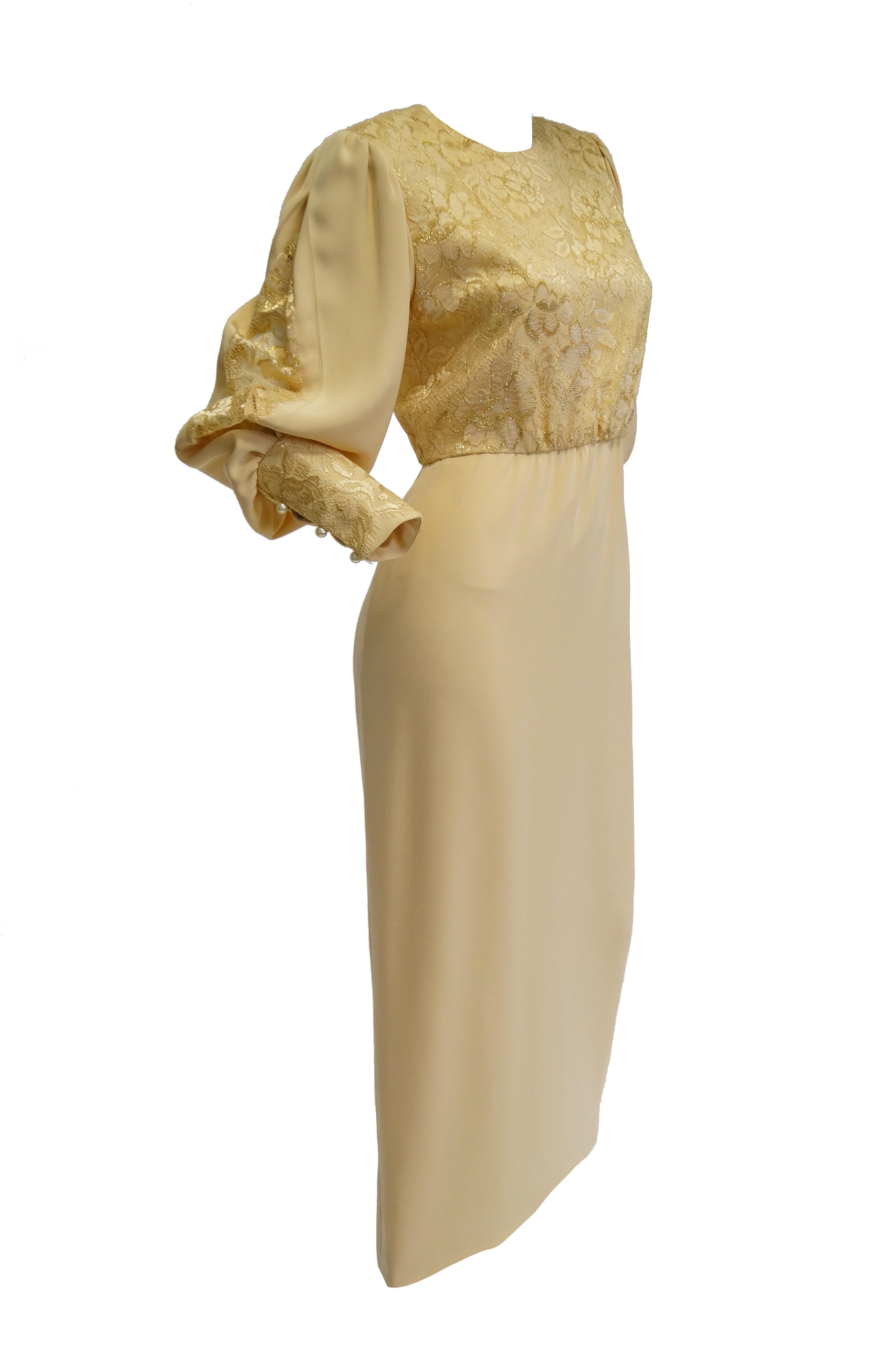 Beige 1990s James Hogan Pearl Silk Dress w/ Cut Through Lace Overlay Sleeves  For Sale