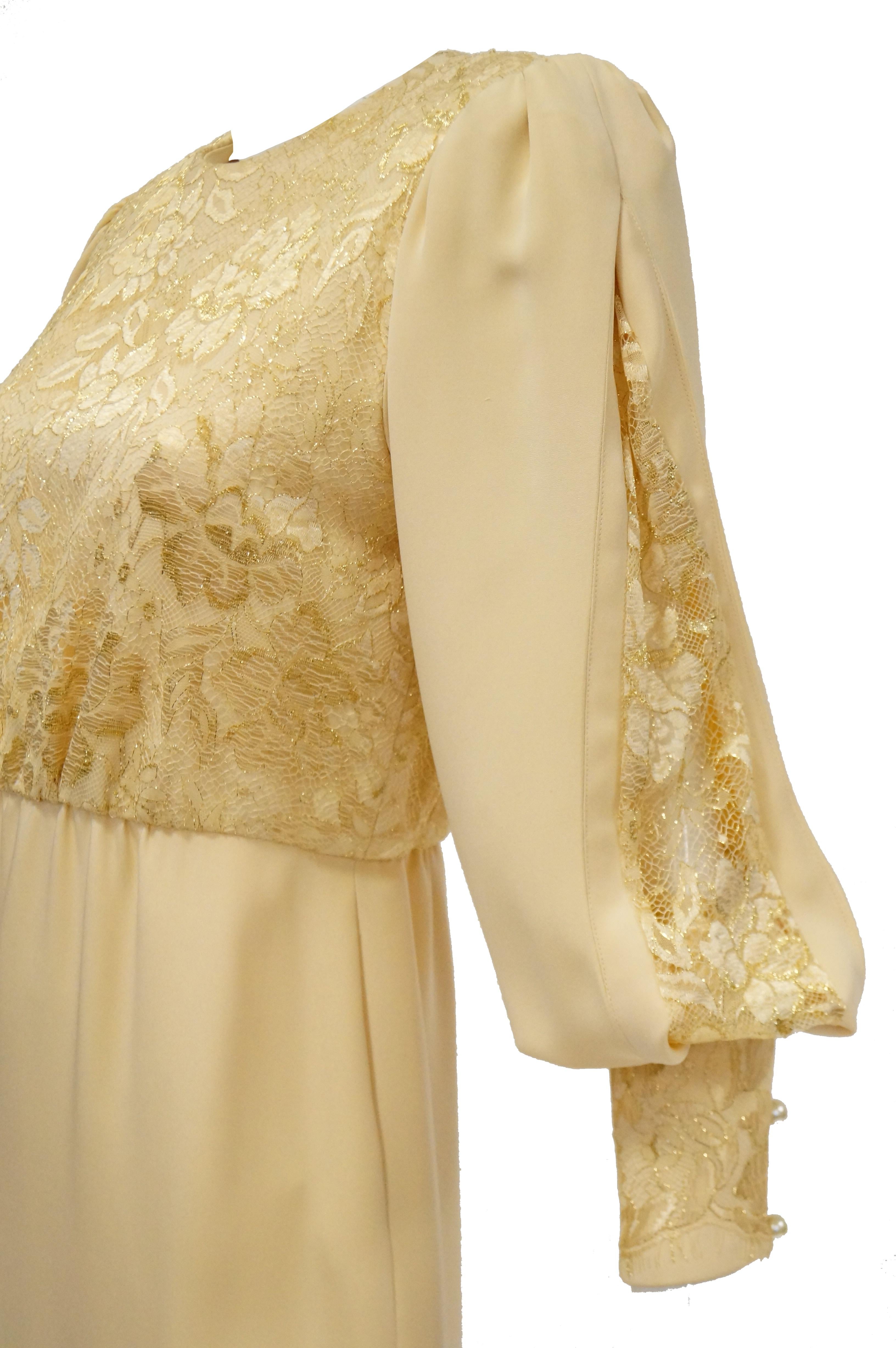 1990s James Hogan Pearl Silk Dress w/ Cut Through Lace Overlay Sleeves  For Sale 1