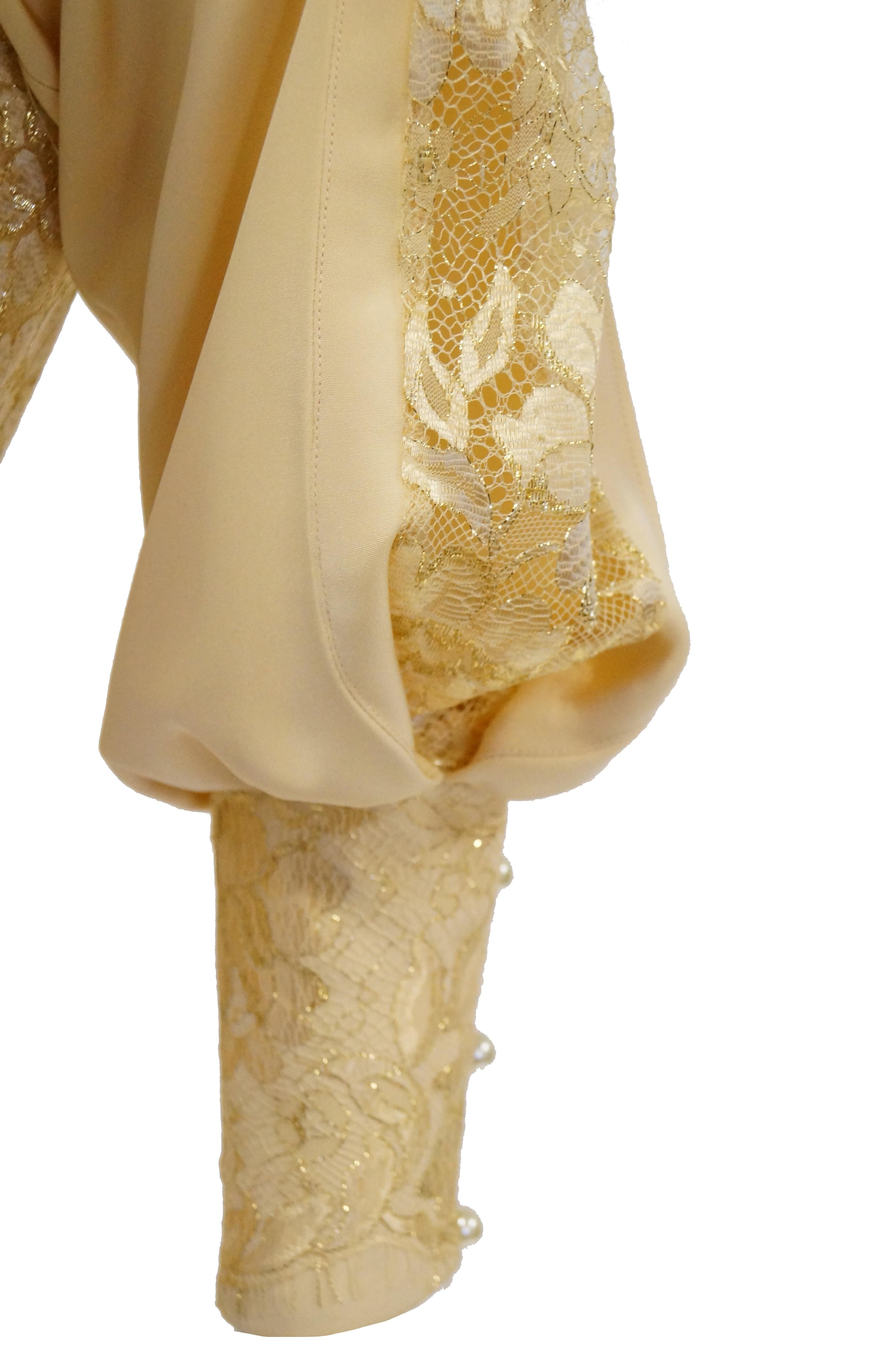 1990s James Hogan Pearl Silk Dress w/ Cut Through Lace Overlay Sleeves  For Sale 2