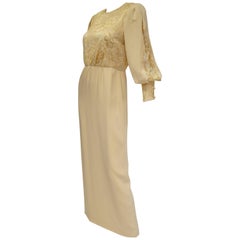 1990s James Hogan Pearl Silk Dress w/ Cut Through Lace Overlay Sleeves 