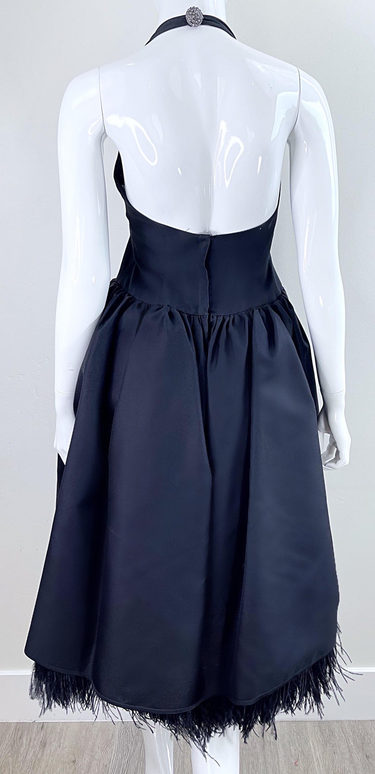 1990s James Purcell Black Silk Ostrich Feather Vintage 90s Cocktail Halter Dress