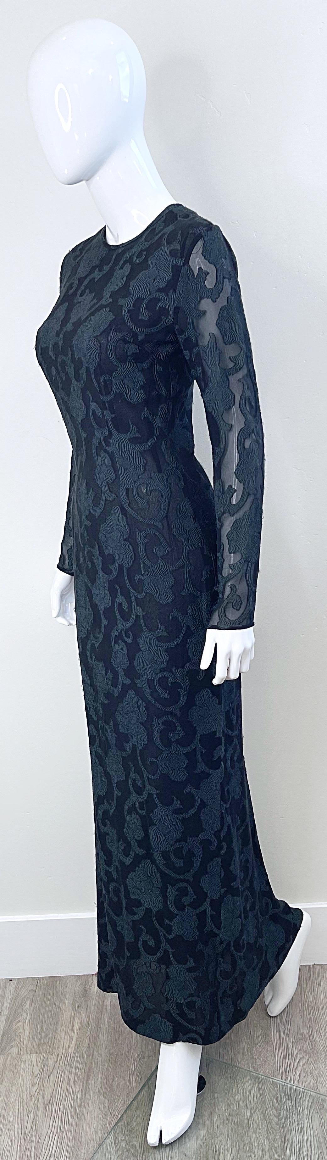 1990s James Purcell Couture Black Silk Chiffon Semi Sheer Filigree Print Gown  For Sale 6
