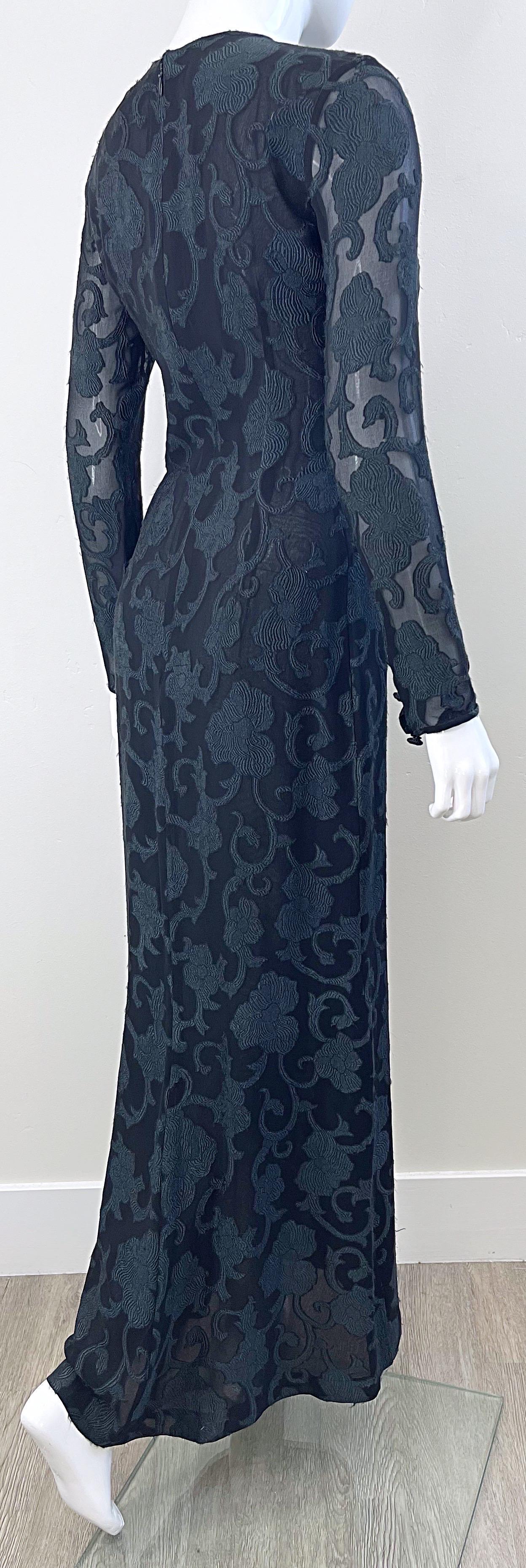 1990s James Purcell Couture Black Silk Chiffon Semi Sheer Filigree Print Gown  For Sale 7