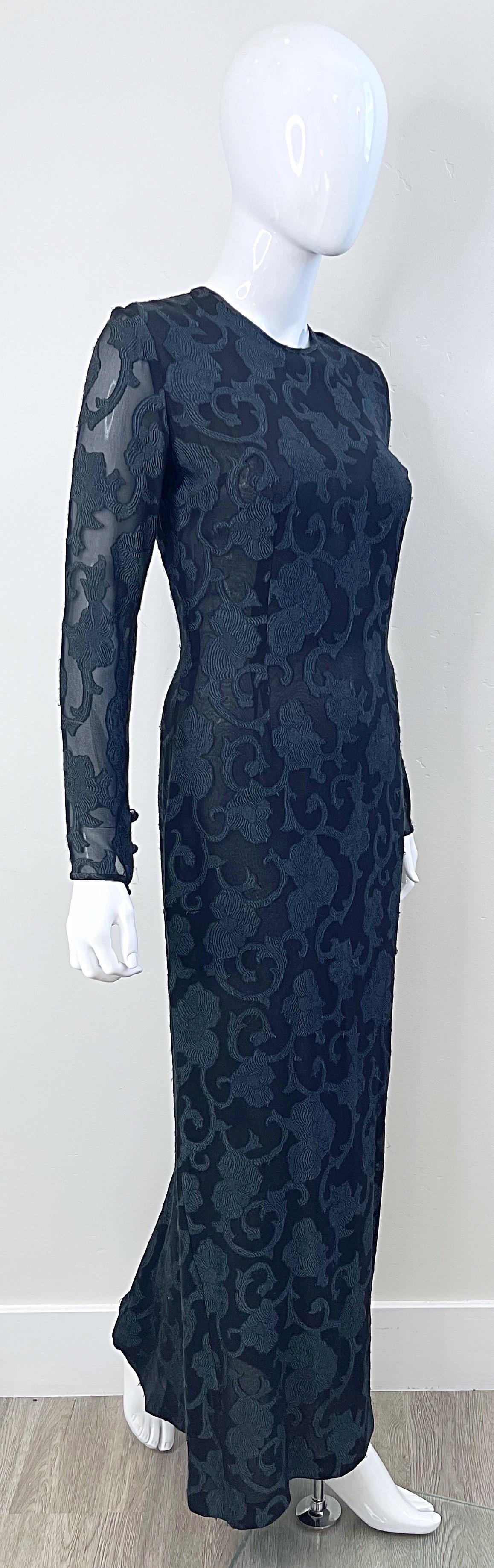 1990s James Purcell Couture Black Silk Chiffon Semi Sheer Filigree Print Gown  For Sale 8