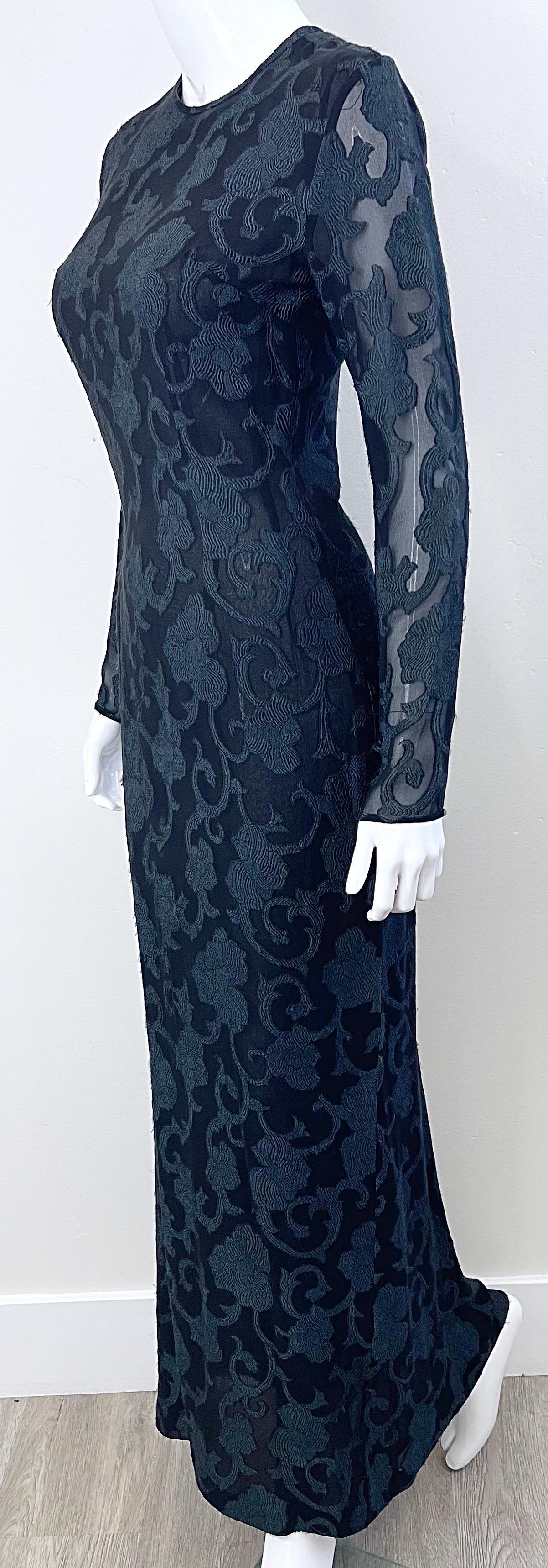 1990s James Purcell Couture Black Silk Chiffon Semi Sheer Filigree Print Gown  For Sale 10
