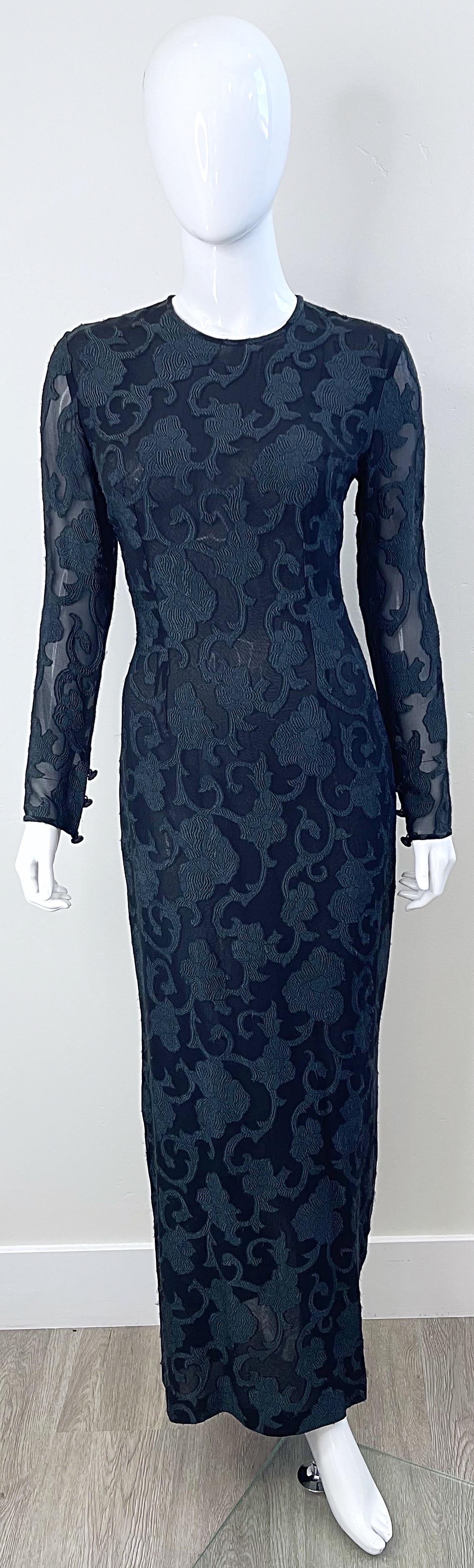 1990s James Purcell Couture Black Silk Chiffon Semi Sheer Filigree Print Gown  For Sale 11