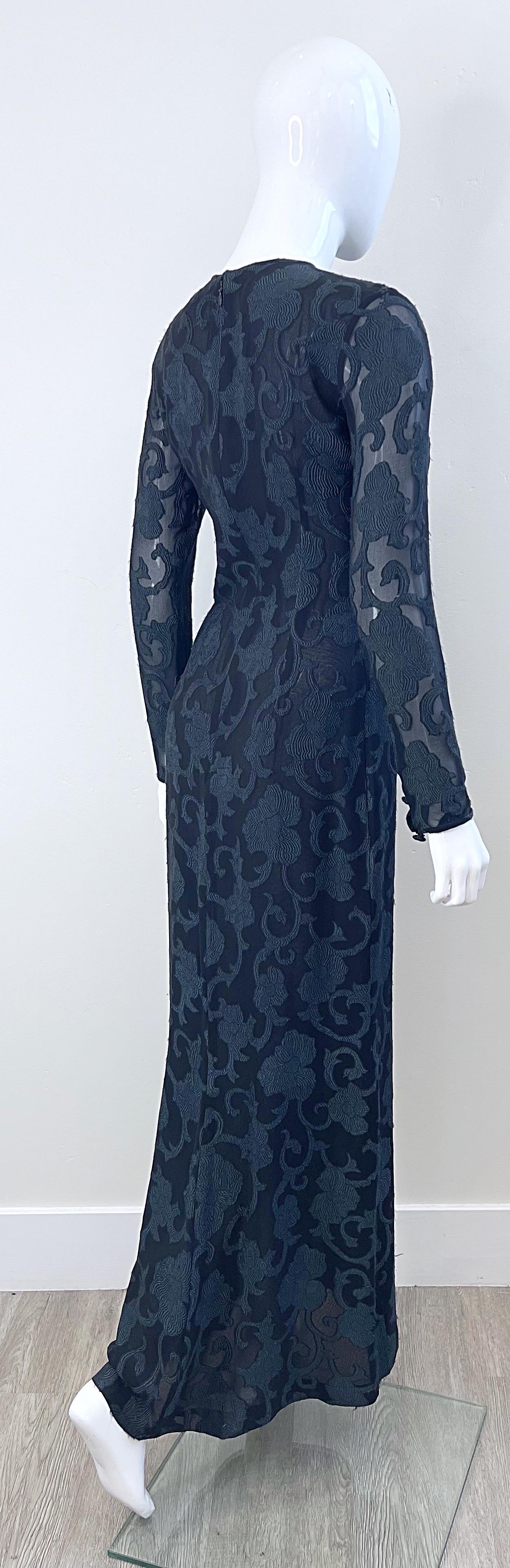 1990s James Purcell Couture Black Silk Chiffon Semi Sheer Filigree Print Gown  For Sale 3