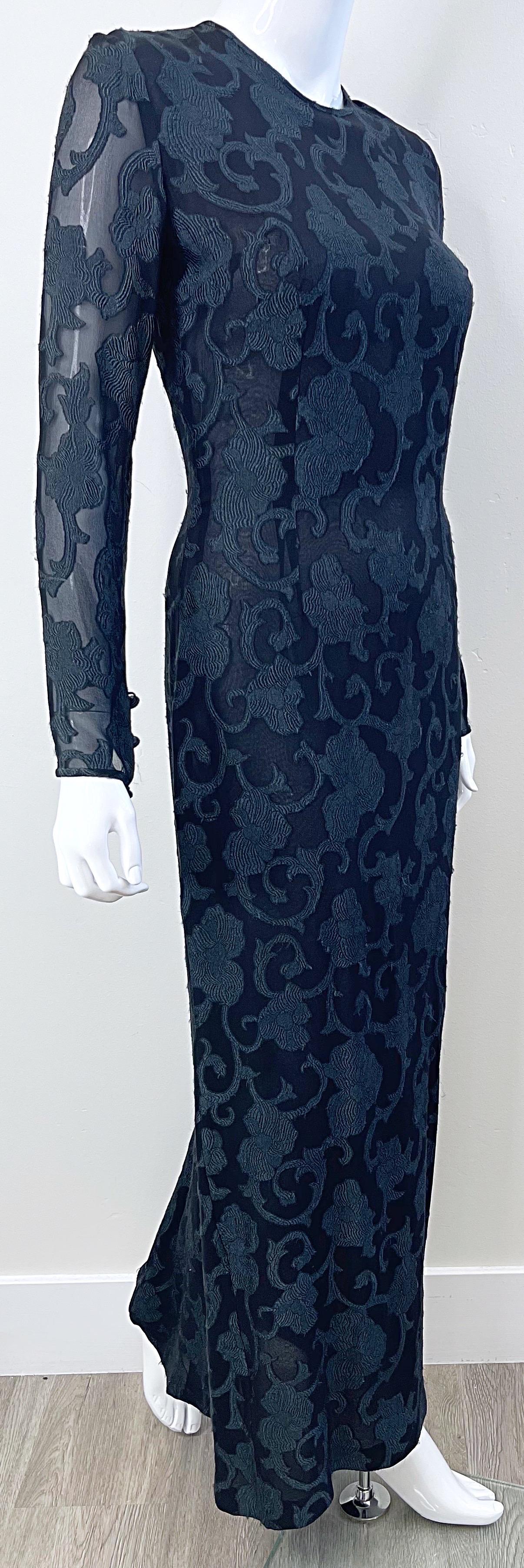 Años 90 James Purcell Couture Vestido de gasa de seda negra con estampado de filigrana semi transparente en venta 3