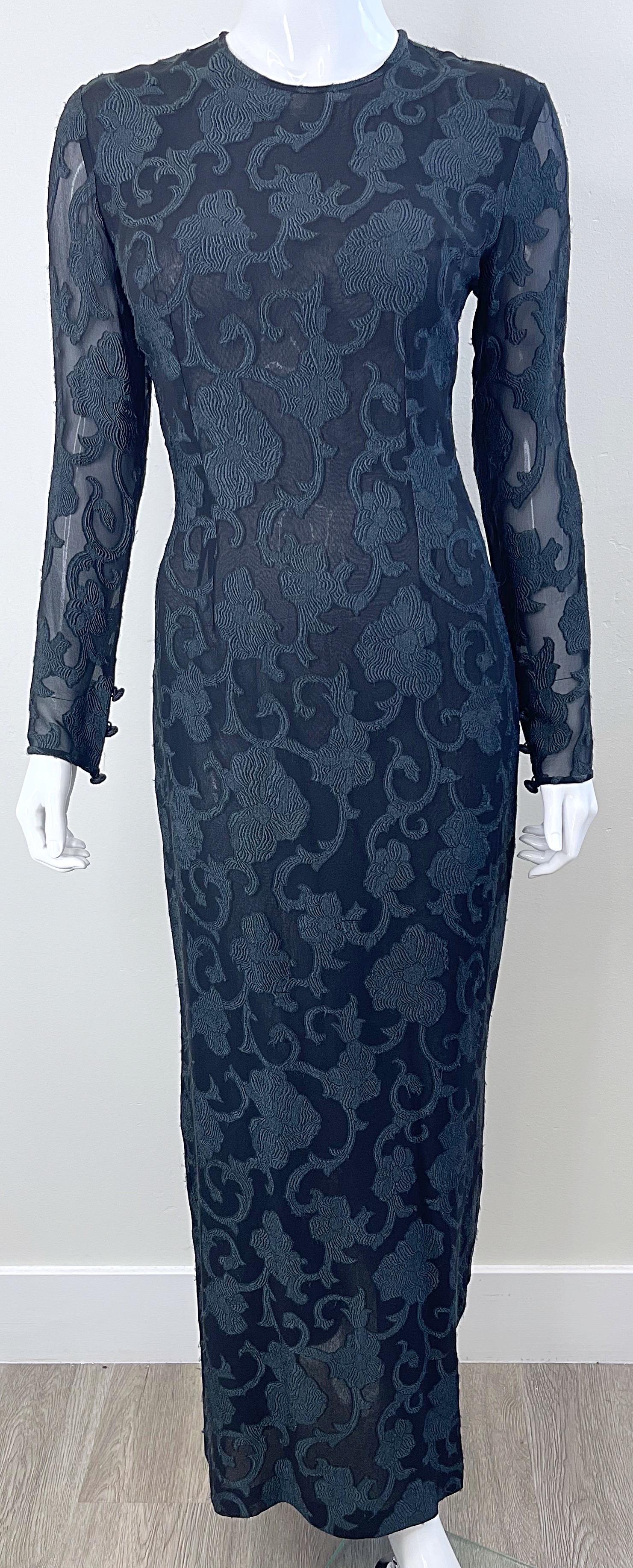 1990s James Purcell Couture Black Silk Chiffon Semi Sheer Filigree Print Gown  For Sale 5