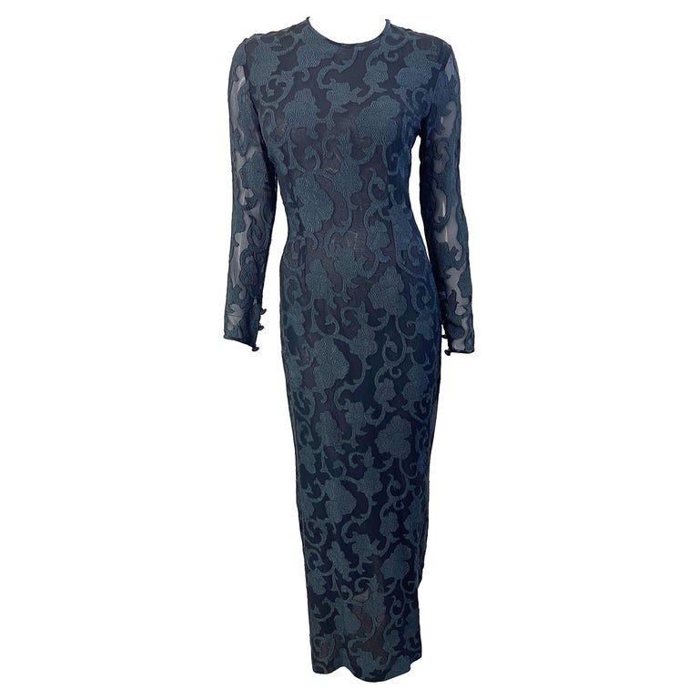1990s James Purcell Couture Black Silk Chiffon Semi Sheer Filigree Print Gown