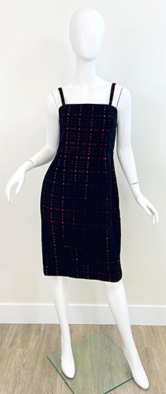 1990s James Purcell Size 10 / 12 Black Velvet Cut Out Red Taffeta Plaid Dress