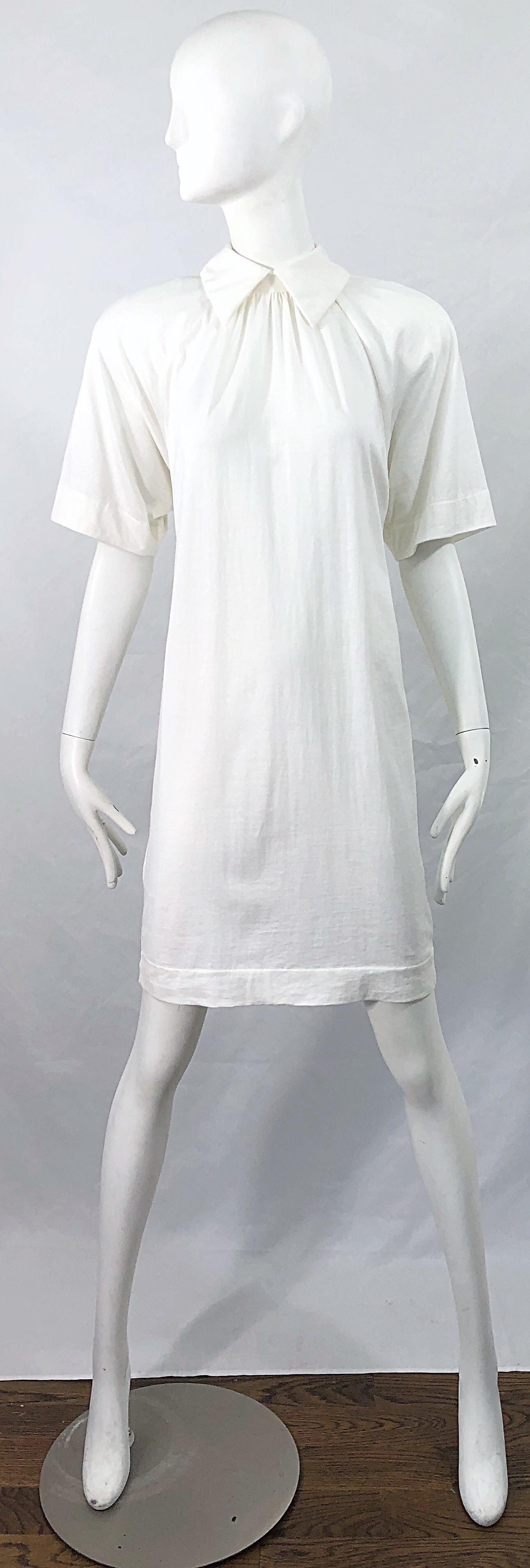 Avant Garde early 90s JAMES PURCELL Couture stark white cotton tee shirt dress ! Purcell left his lucrative marketing job on Wall Street  on May 11, 1989 to pursue his dream of becoming a designer. He was almost immediately successful, and was known