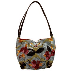 1990s Jamin Puech Gray Floral Multicolor Leather Sequin Embellished Shoulder Bag