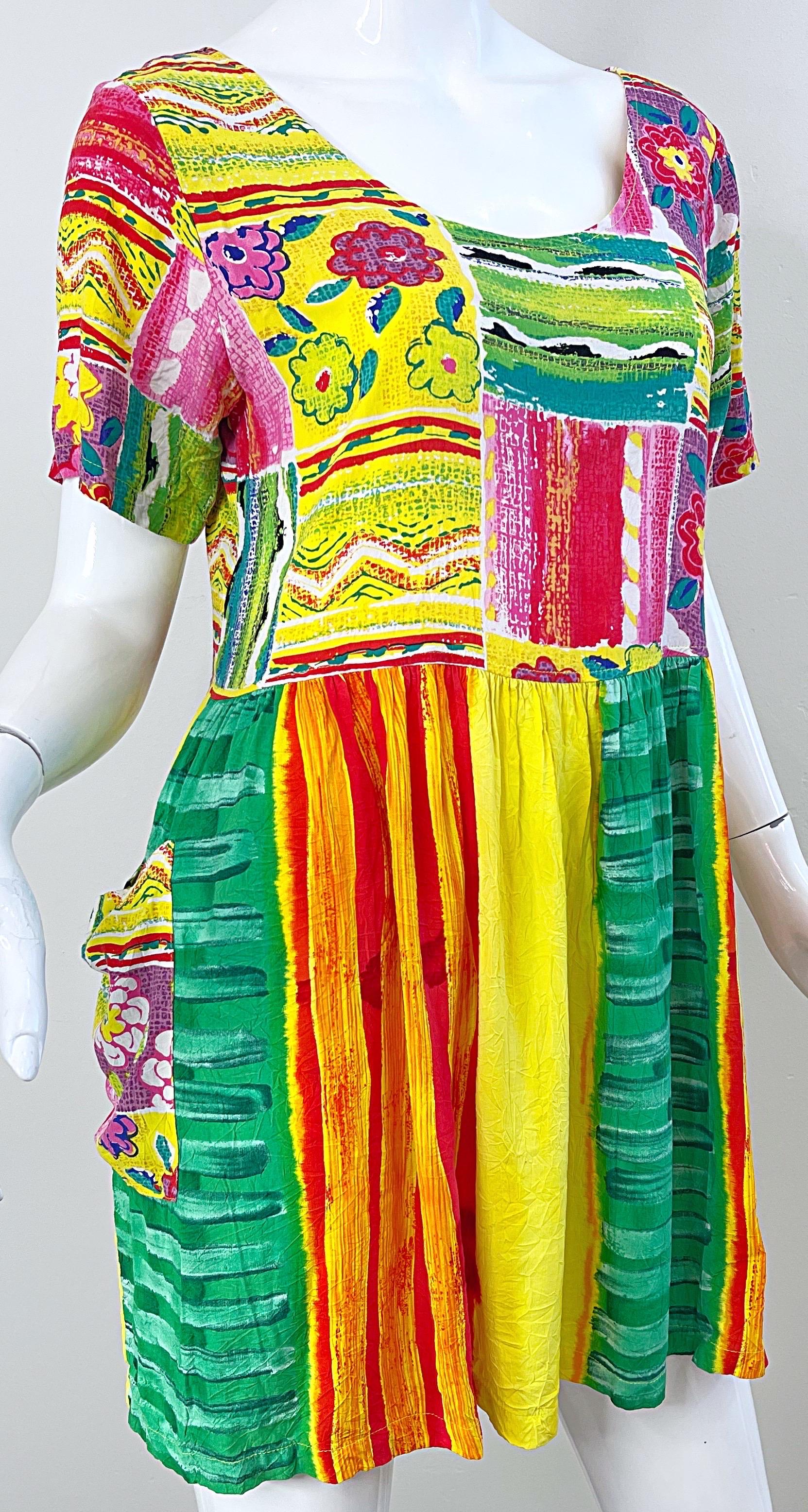 1990s Jams World Brightly Colored Abstract Flower Print Vintage 90s Mini Dress For Sale 6