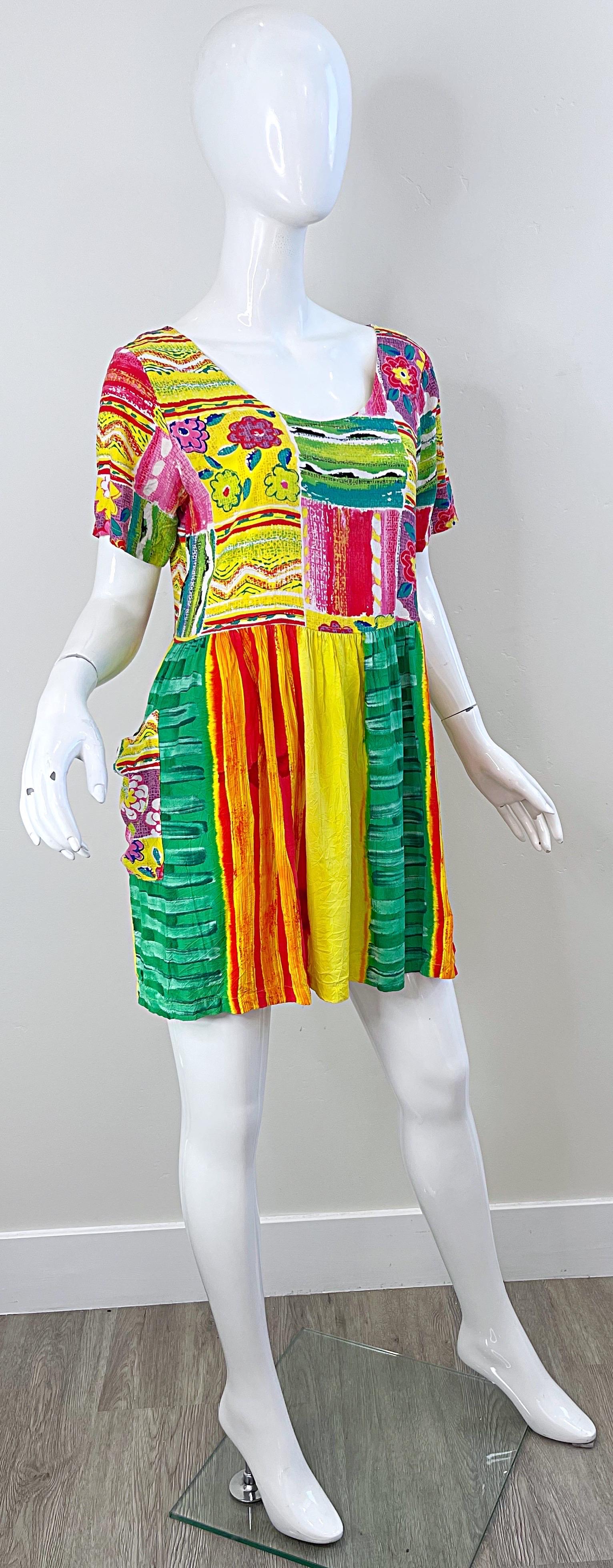 1990s Jams World Brightly Colored Abstract Flower Print Vintage 90s Mini Dress For Sale 8