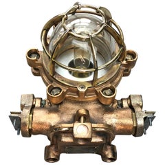 1990s Japanese Cast Bronze, Brass and Glass Explosion Proof Wall Light with Cage