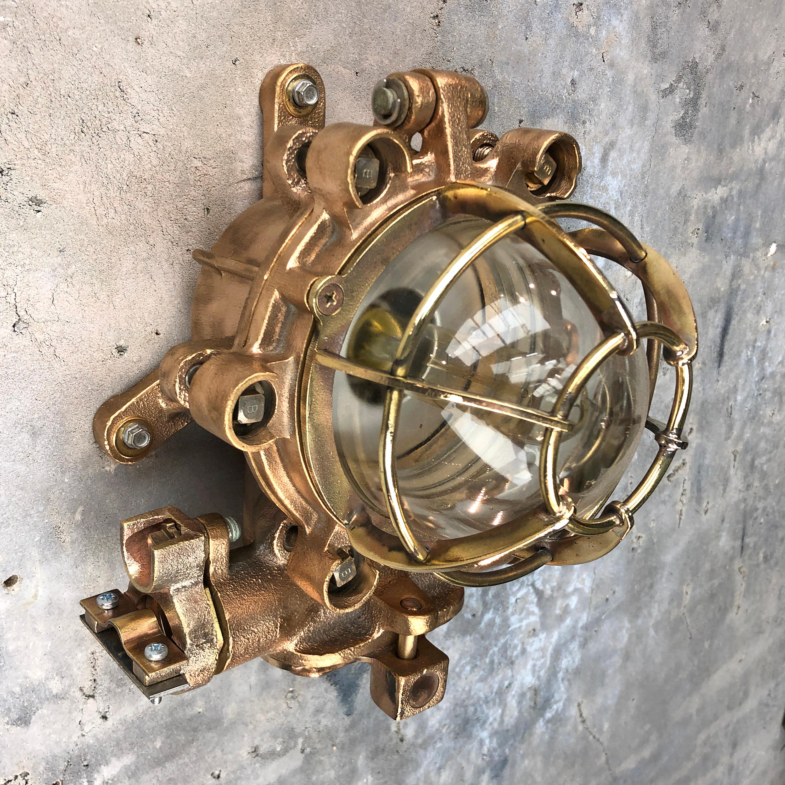 1990s Japanese Cast Bronze, Brass and Glass Explosion Proof Wall Light with Cage For Sale 8