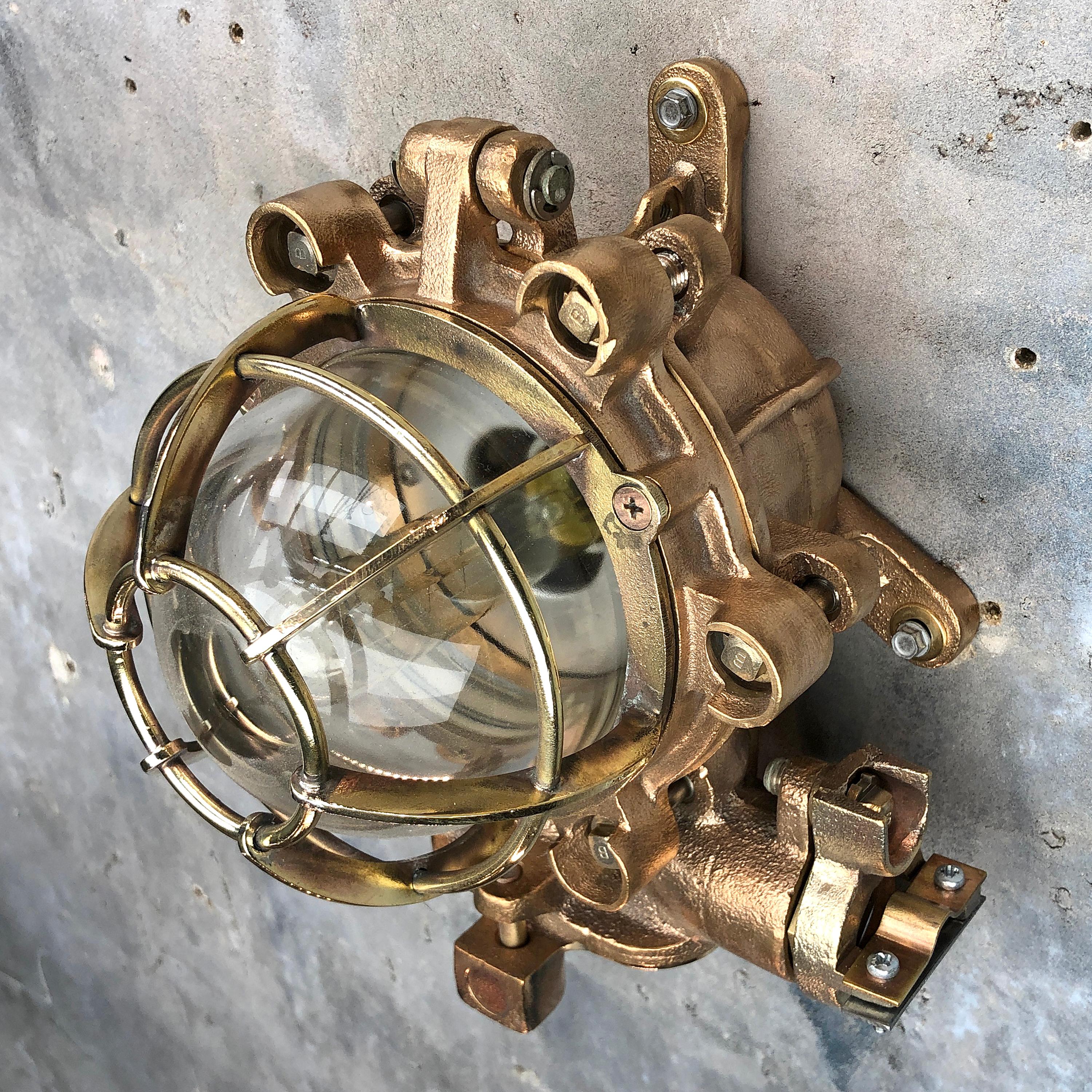 1990s Japanese Cast Bronze, Brass and Glass Explosion Proof Wall Light with Cage For Sale 9