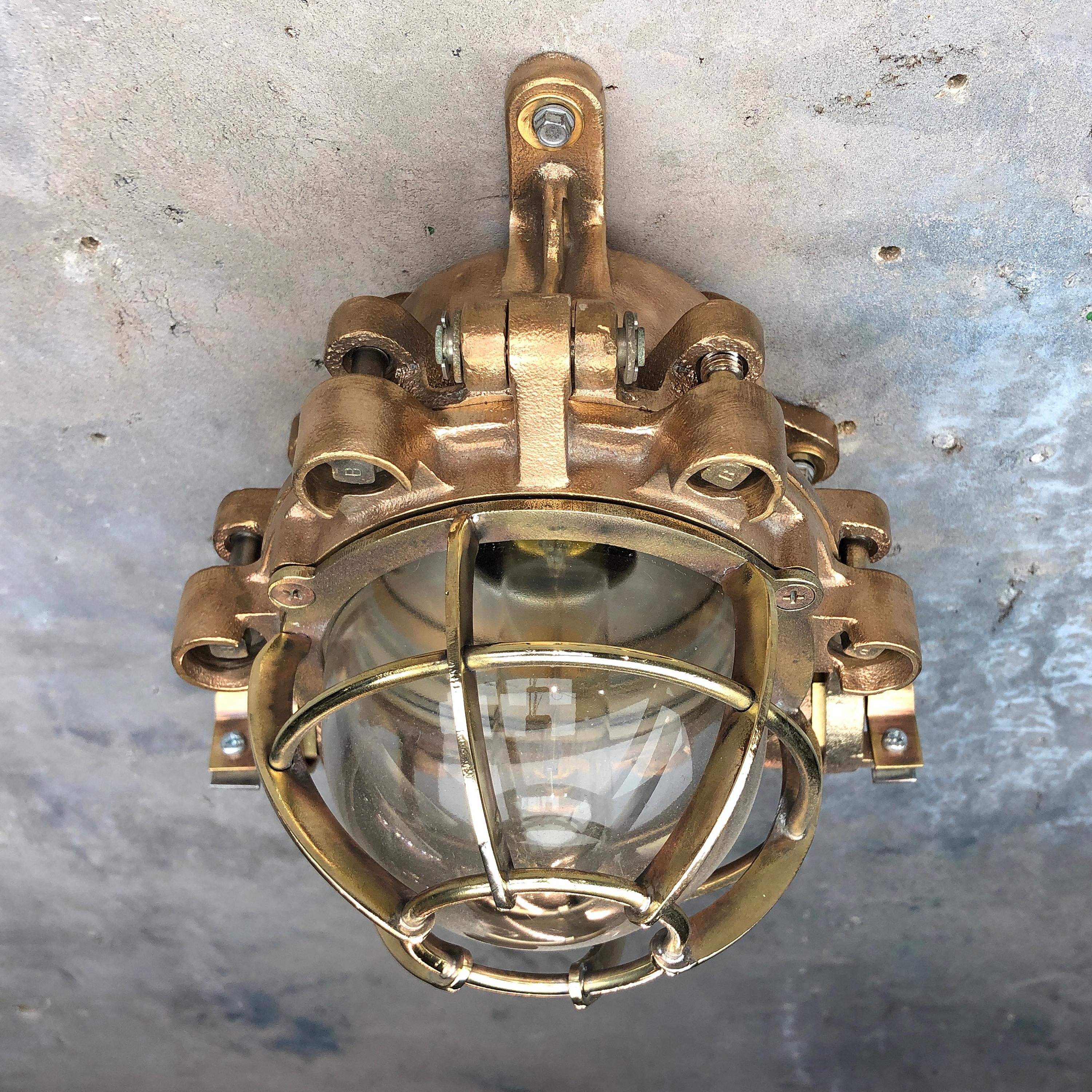 1990s Japanese Cast Bronze, Brass and Glass Explosion Proof Wall Light with Cage For Sale 10
