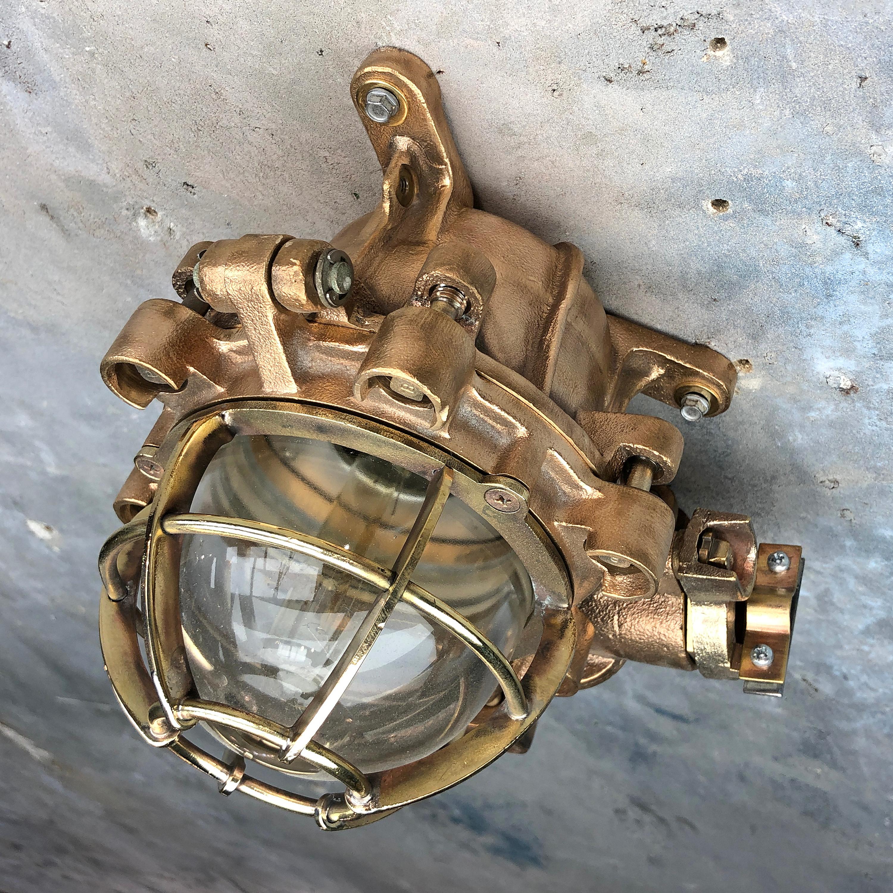 1990s Japanese Cast Bronze, Brass and Glass Explosion Proof Wall Light with Cage For Sale 11