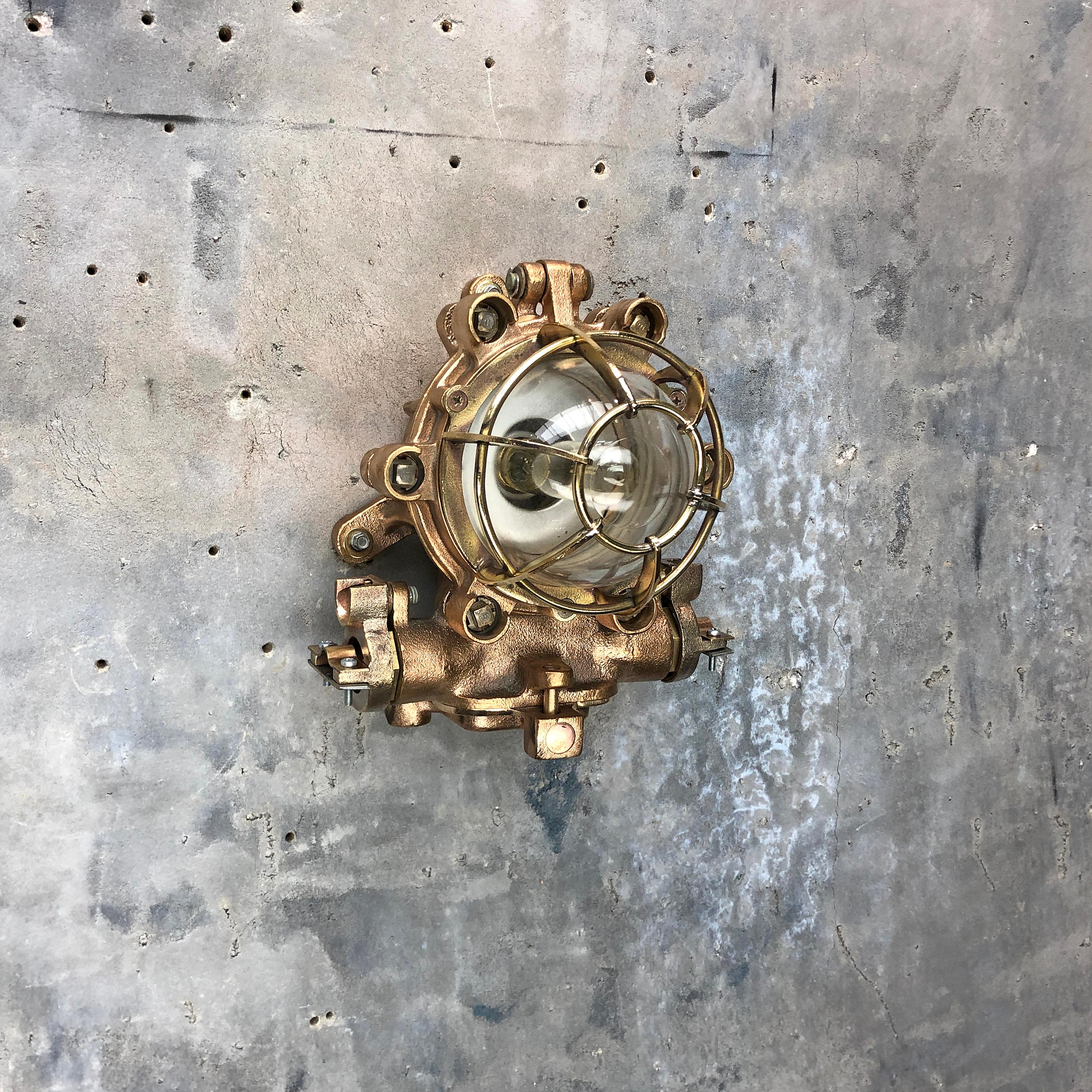 1990s Japanese Cast Bronze, Brass and Glass Explosion Proof Wall Light with Cage For Sale 13