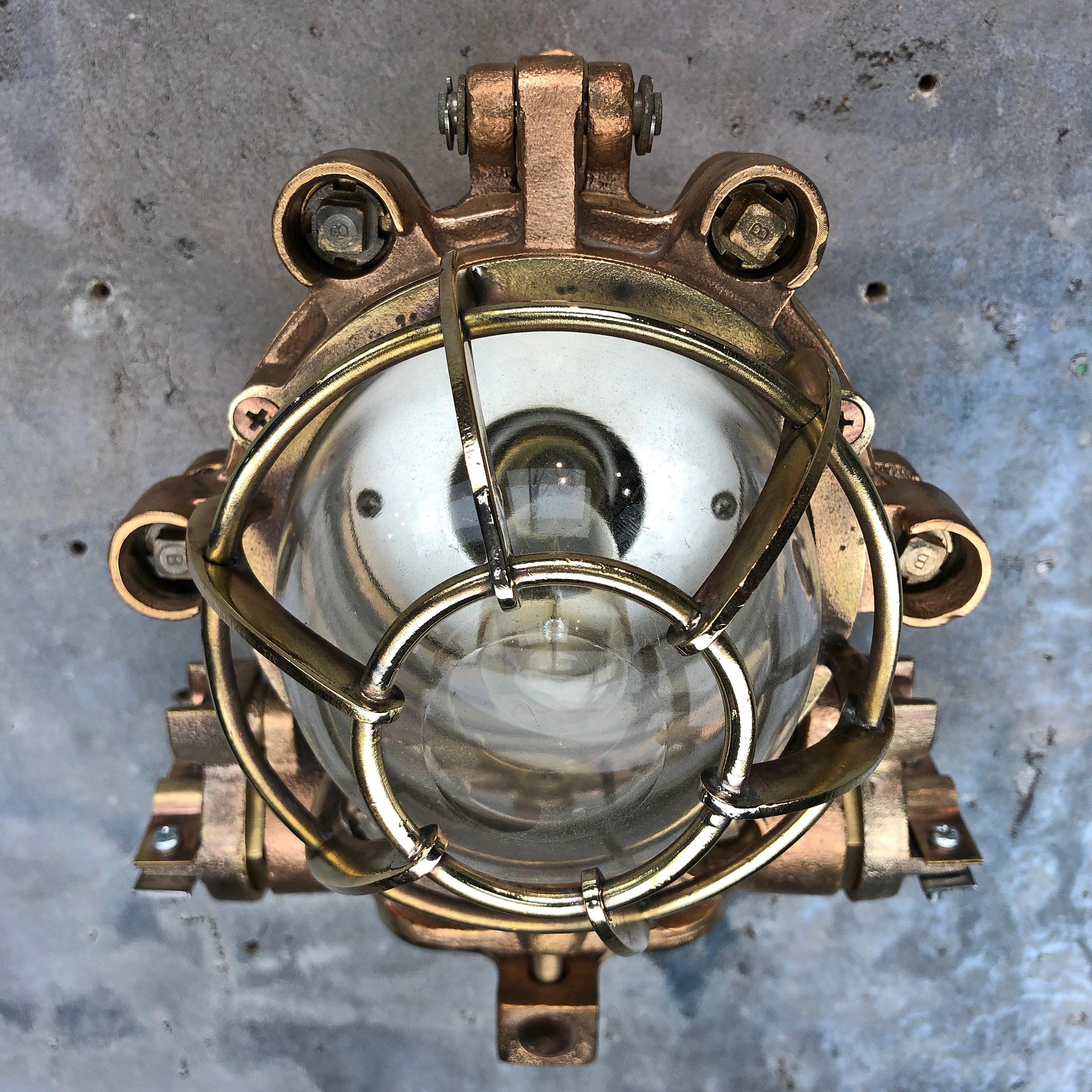 1990s Japanese Cast Bronze, Brass and Glass Explosion Proof Wall Light with Cage For Sale 14