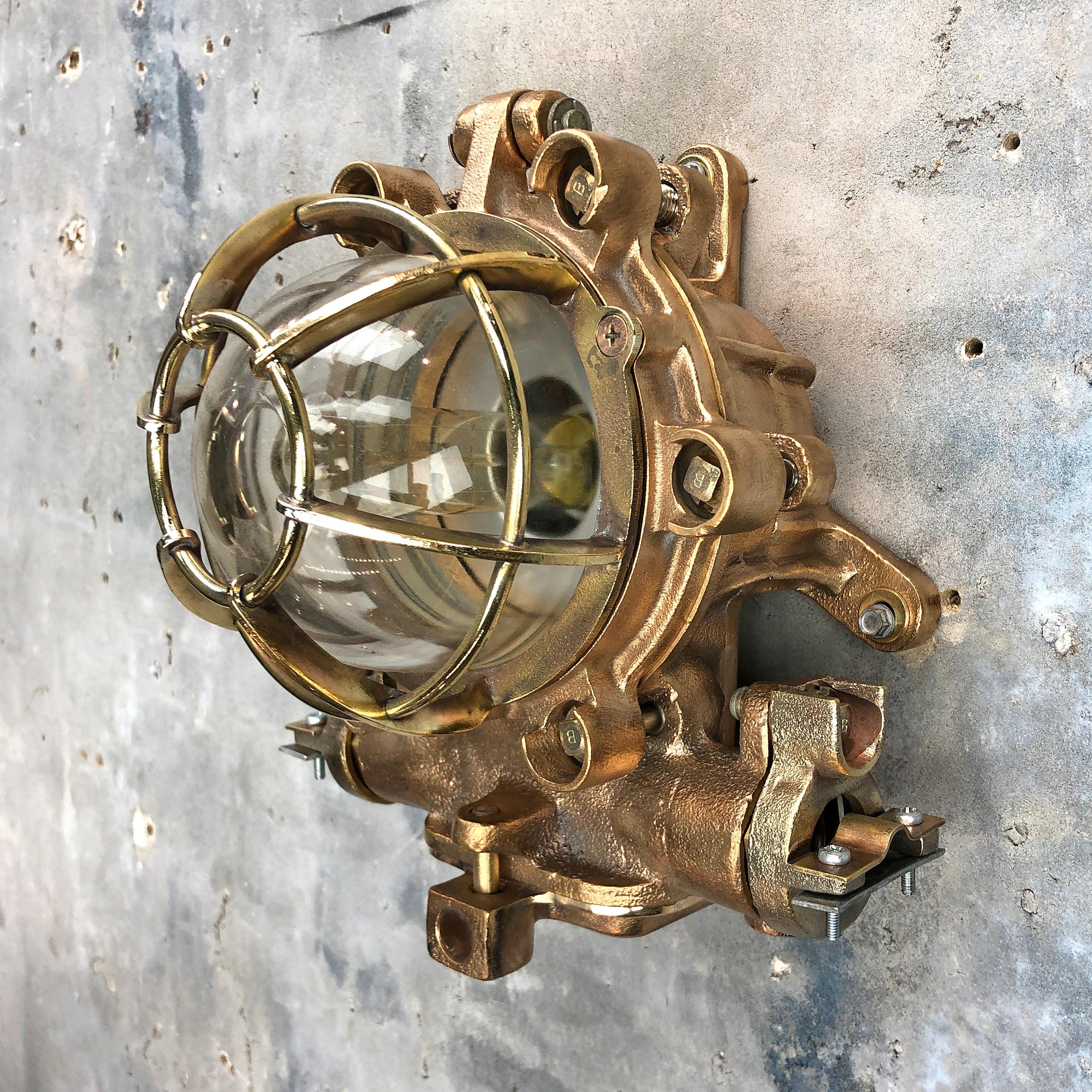 1990s Japanese Cast Bronze, Brass and Glass Explosion Proof Wall Light with Cage In Good Condition For Sale In Leicester, Leicestershire