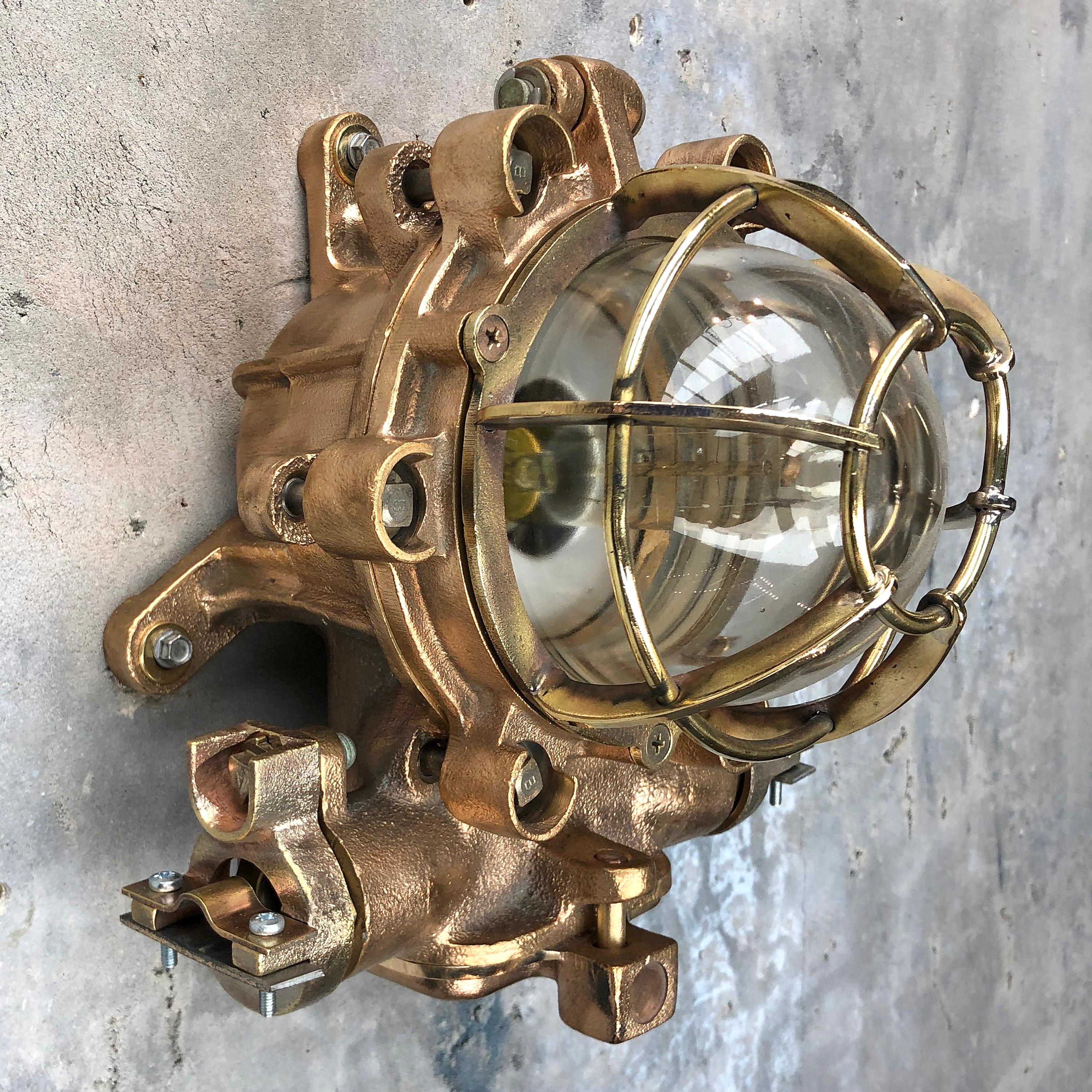 20th Century 1990s Japanese Cast Bronze, Brass and Glass Explosion Proof Wall Light with Cage For Sale