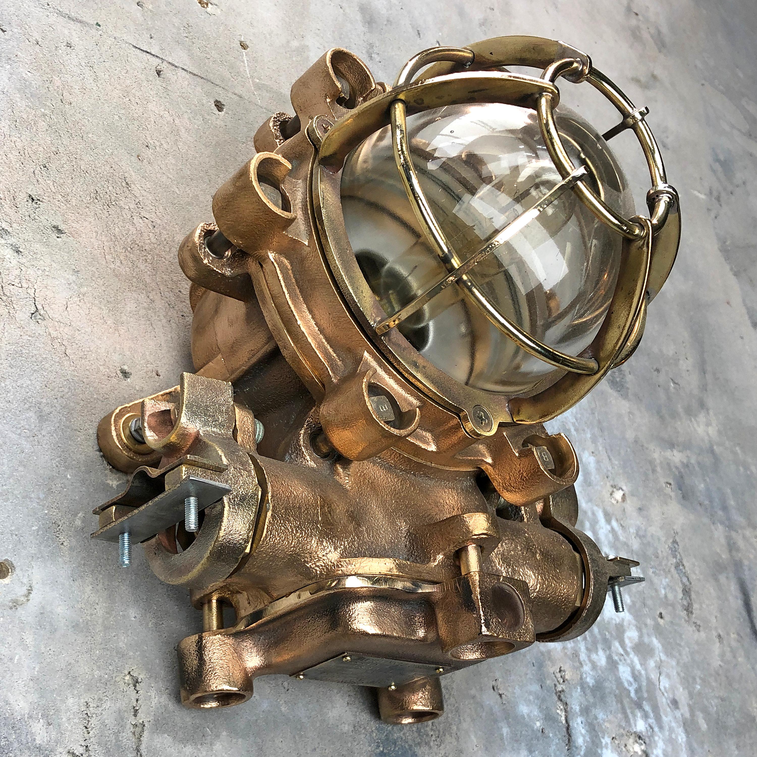 1990s Japanese Cast Bronze, Brass and Glass Explosion Proof Wall Light with Cage For Sale 1