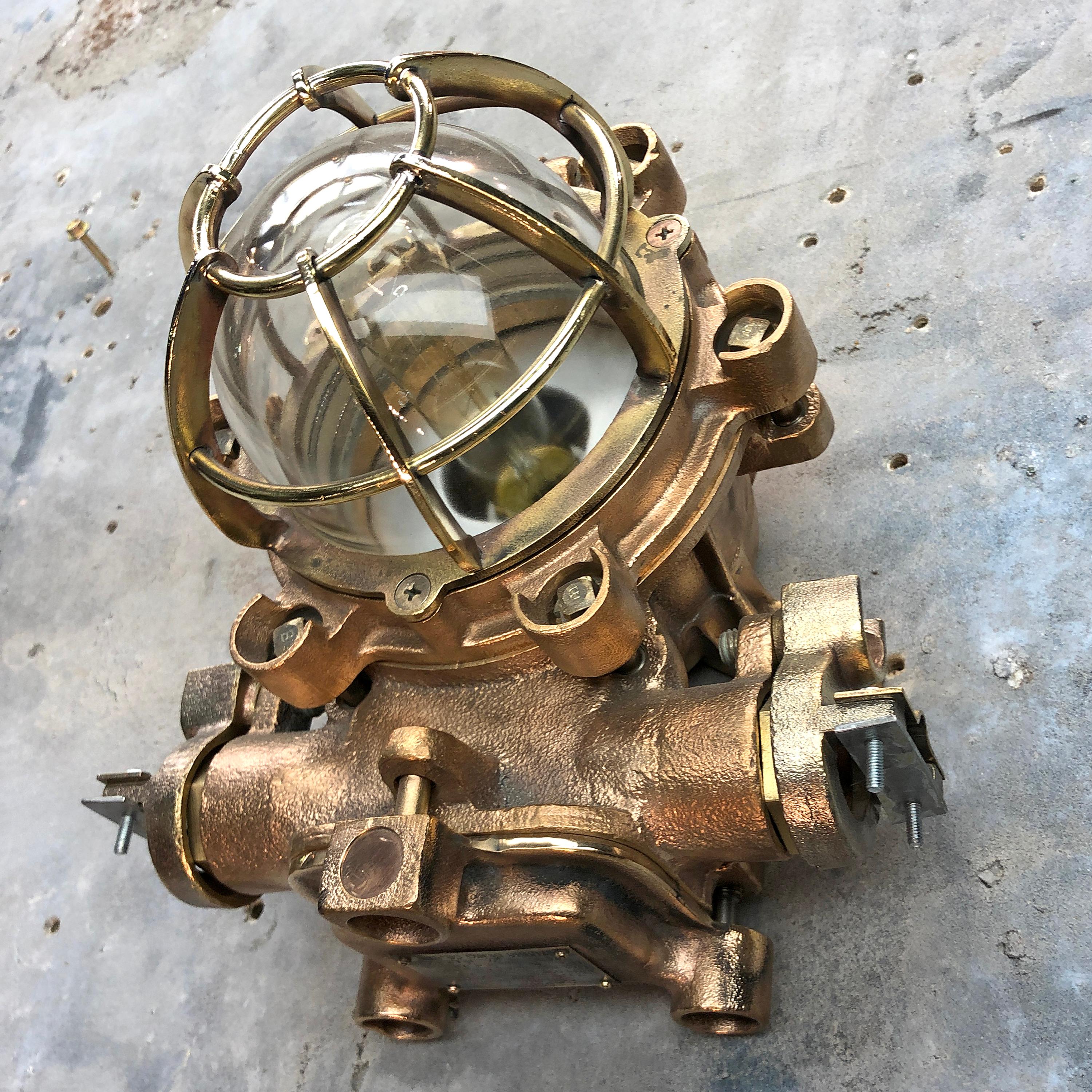 1990s Japanese Cast Bronze, Brass and Glass Explosion Proof Wall Light with Cage For Sale 2