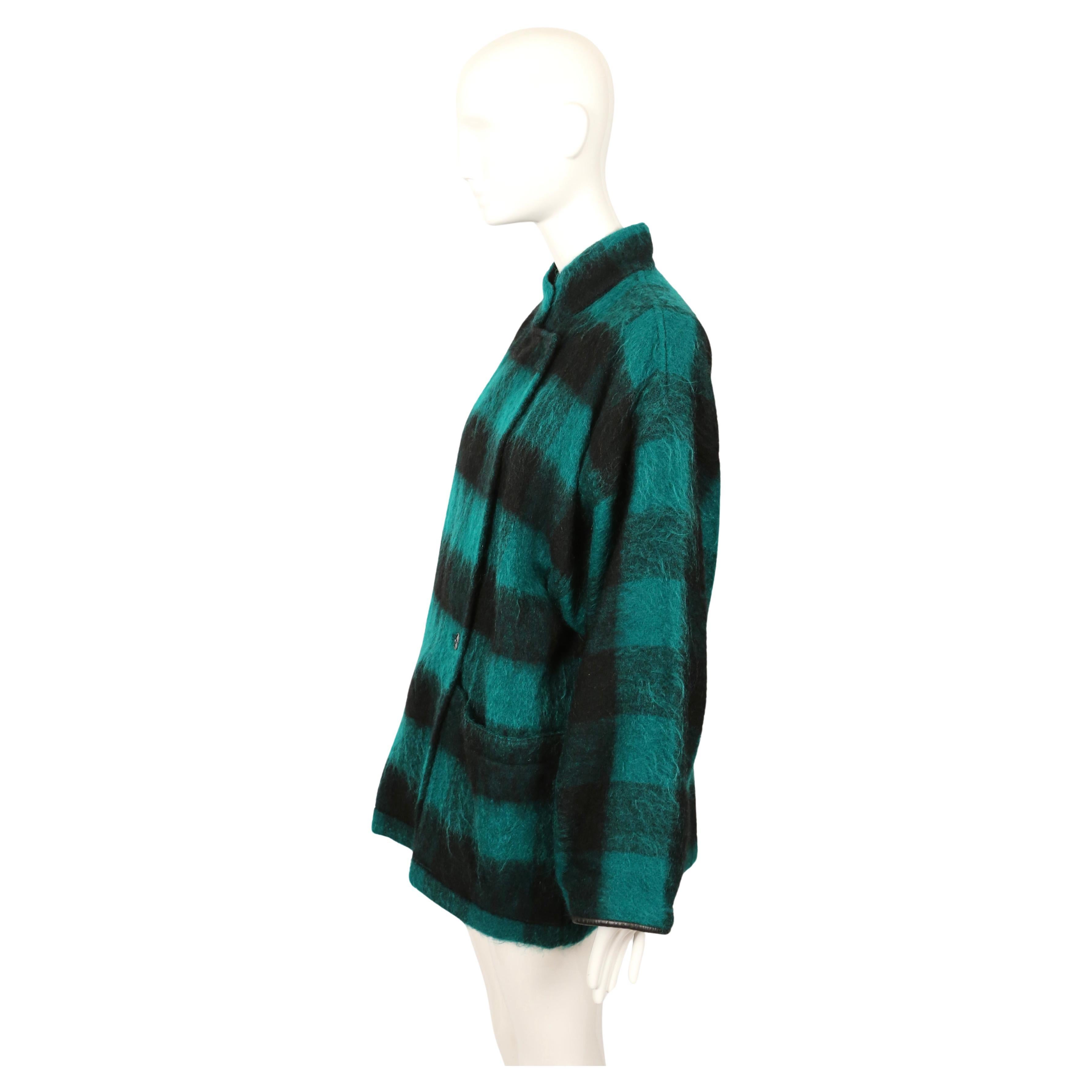 1990's Jean-Charles de Castelbajac jade green blanket jacket with leather detail In Good Condition For Sale In San Fransisco, CA