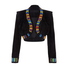 1990s Jean Claude Jitrois Black Suede & Masai Design Beaded Bolero Jacket 