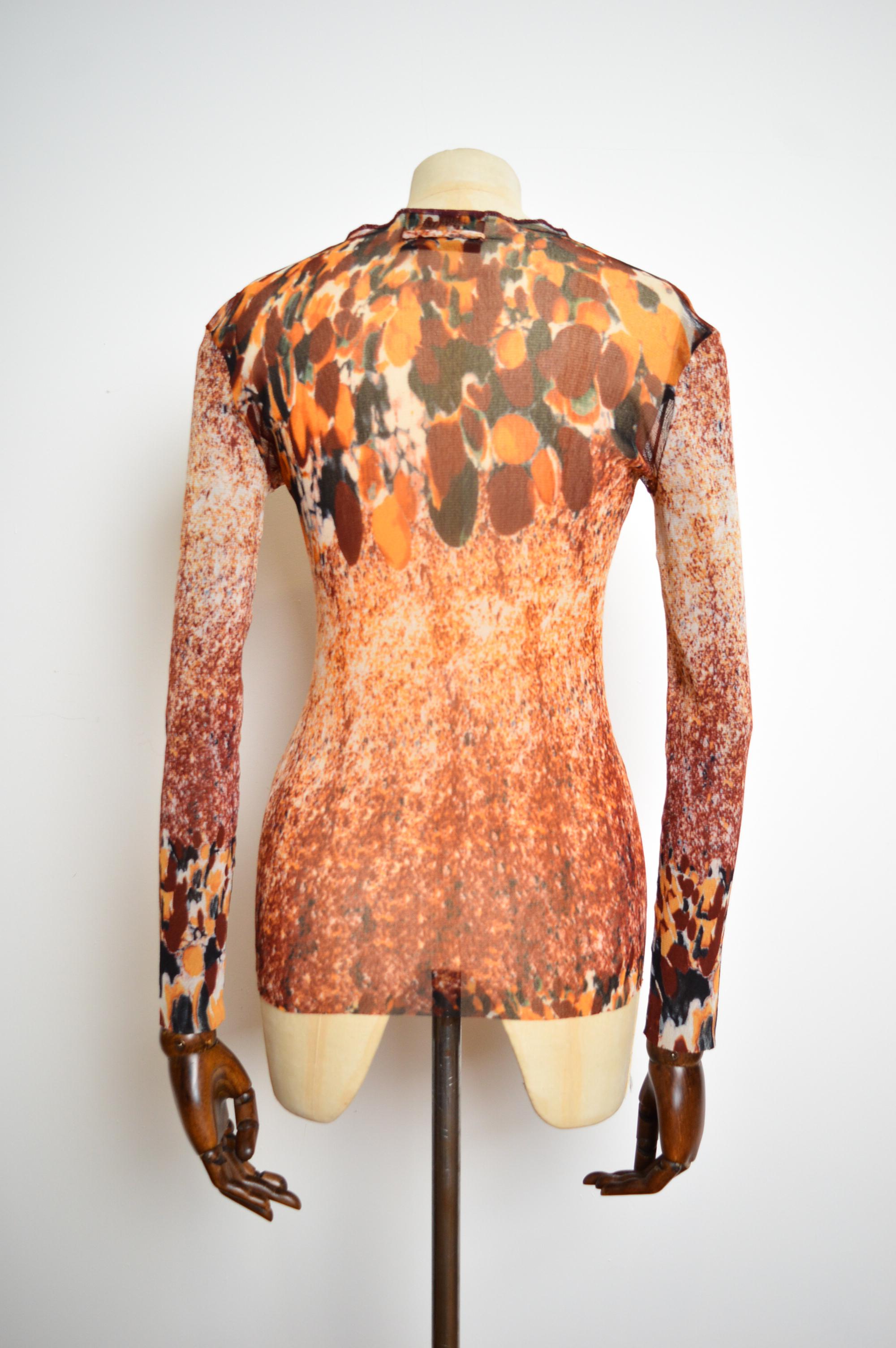 1990's Jean Paul Gaultier Acid Rain Orange Splash print Long sleeve Mesh Top For Sale 6