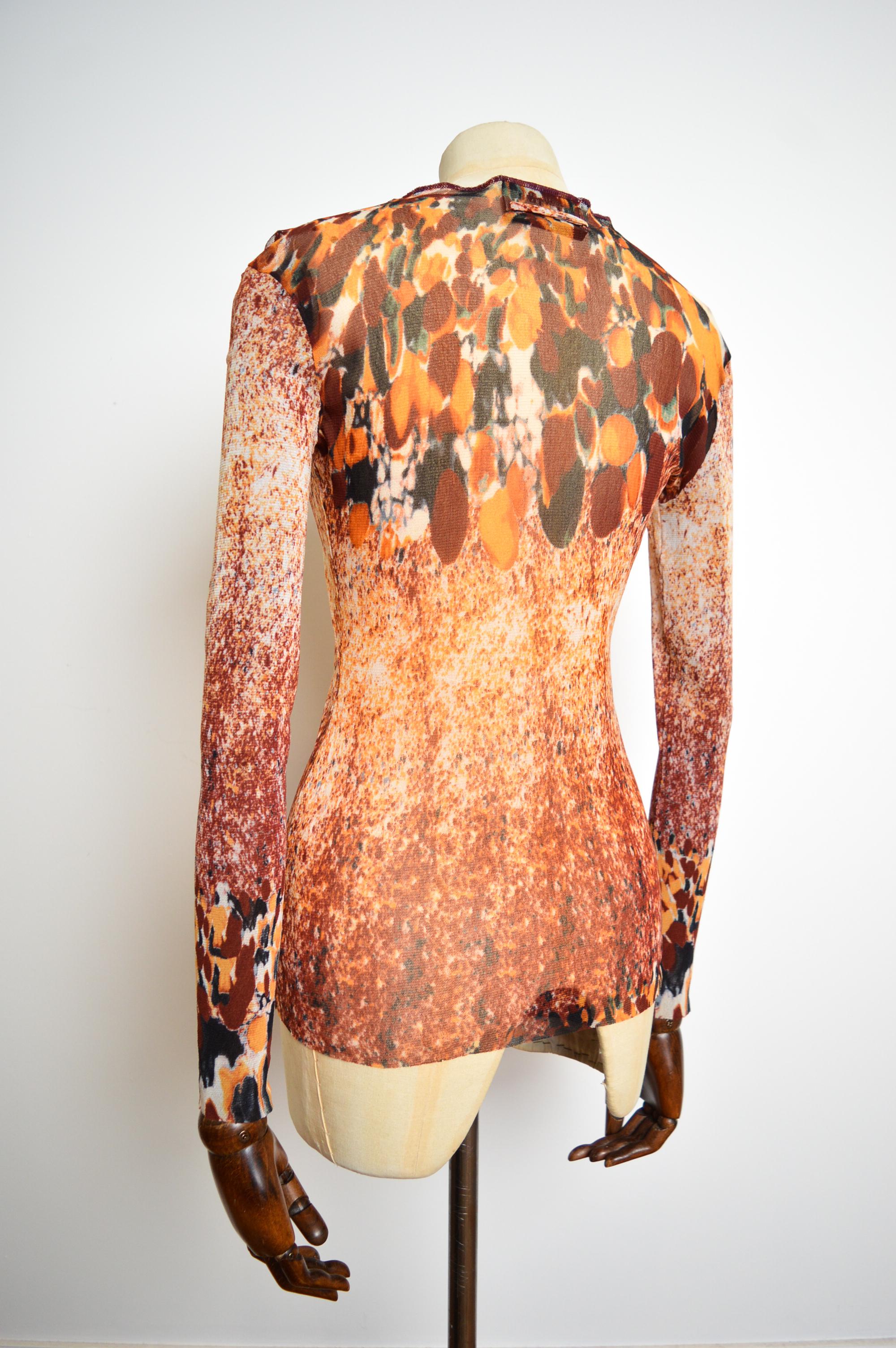 1990's Jean Paul Gaultier Acid Rain Orange Splash print Long sleeve Mesh Top For Sale 7