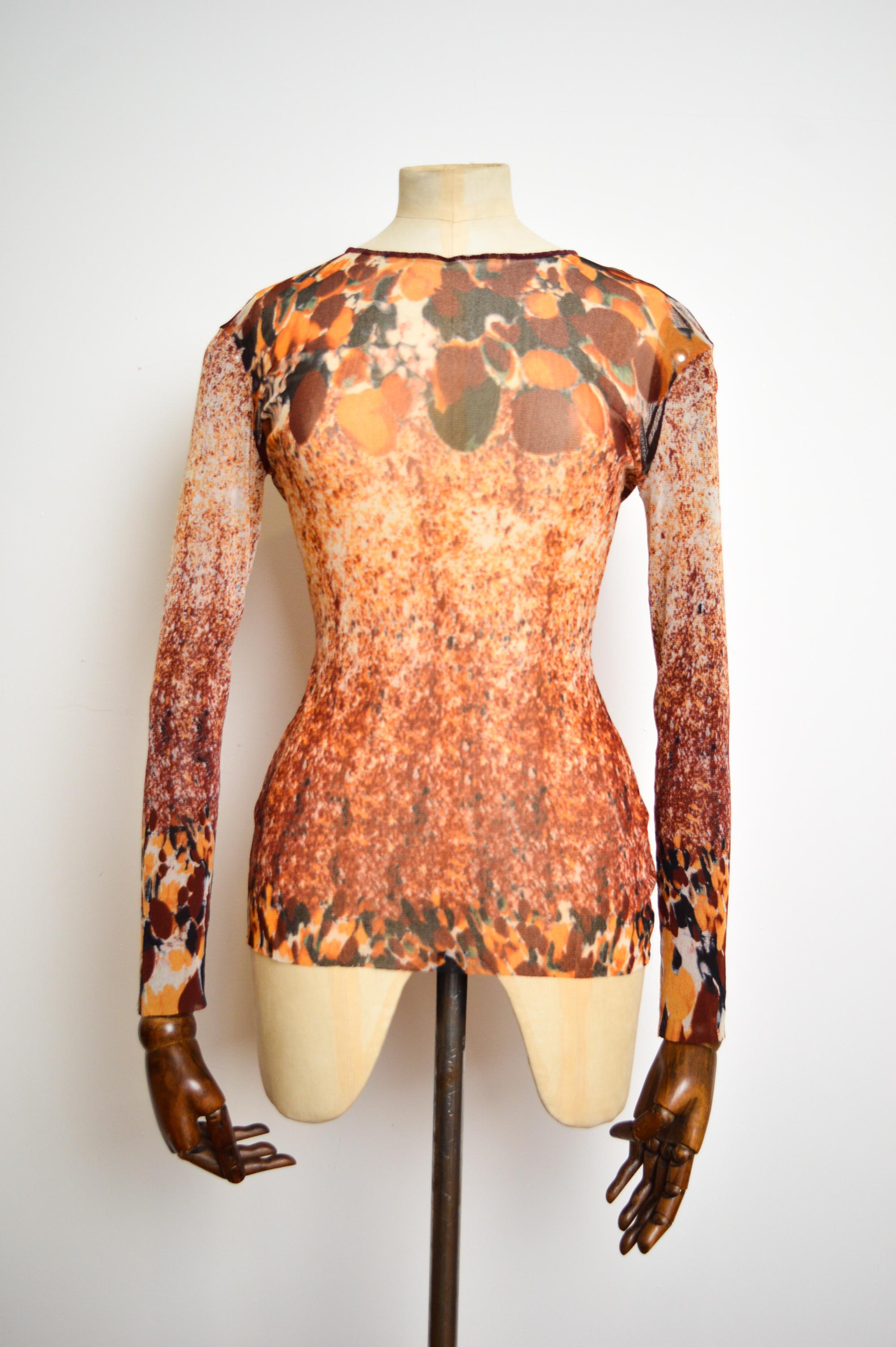Women's or Men's 1990's Jean Paul Gaultier Acid Rain Orange Splash print Long sleeve Mesh Top For Sale