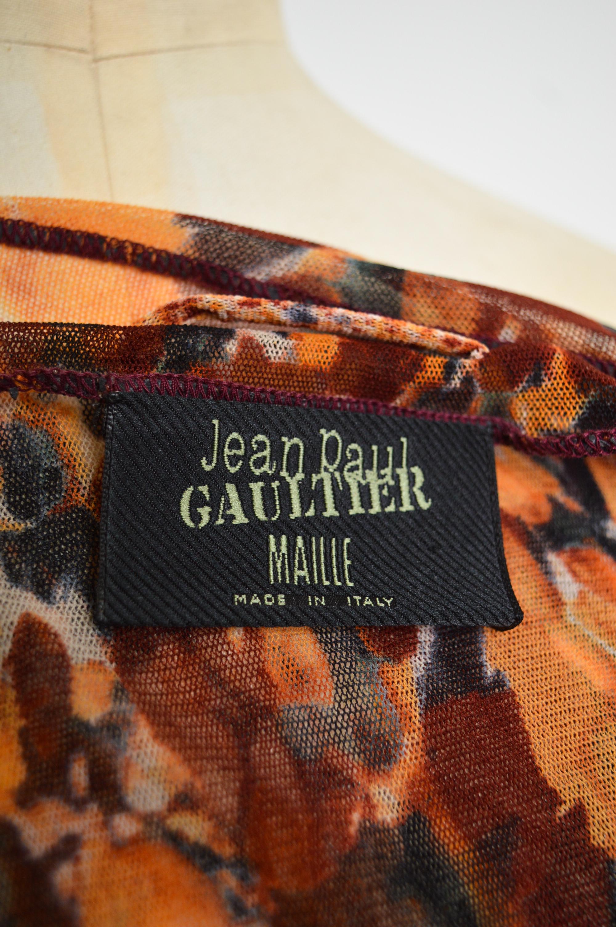 1990's Jean Paul Gaultier Acid Rain Orange Splash print Long sleeve Mesh Top For Sale 1
