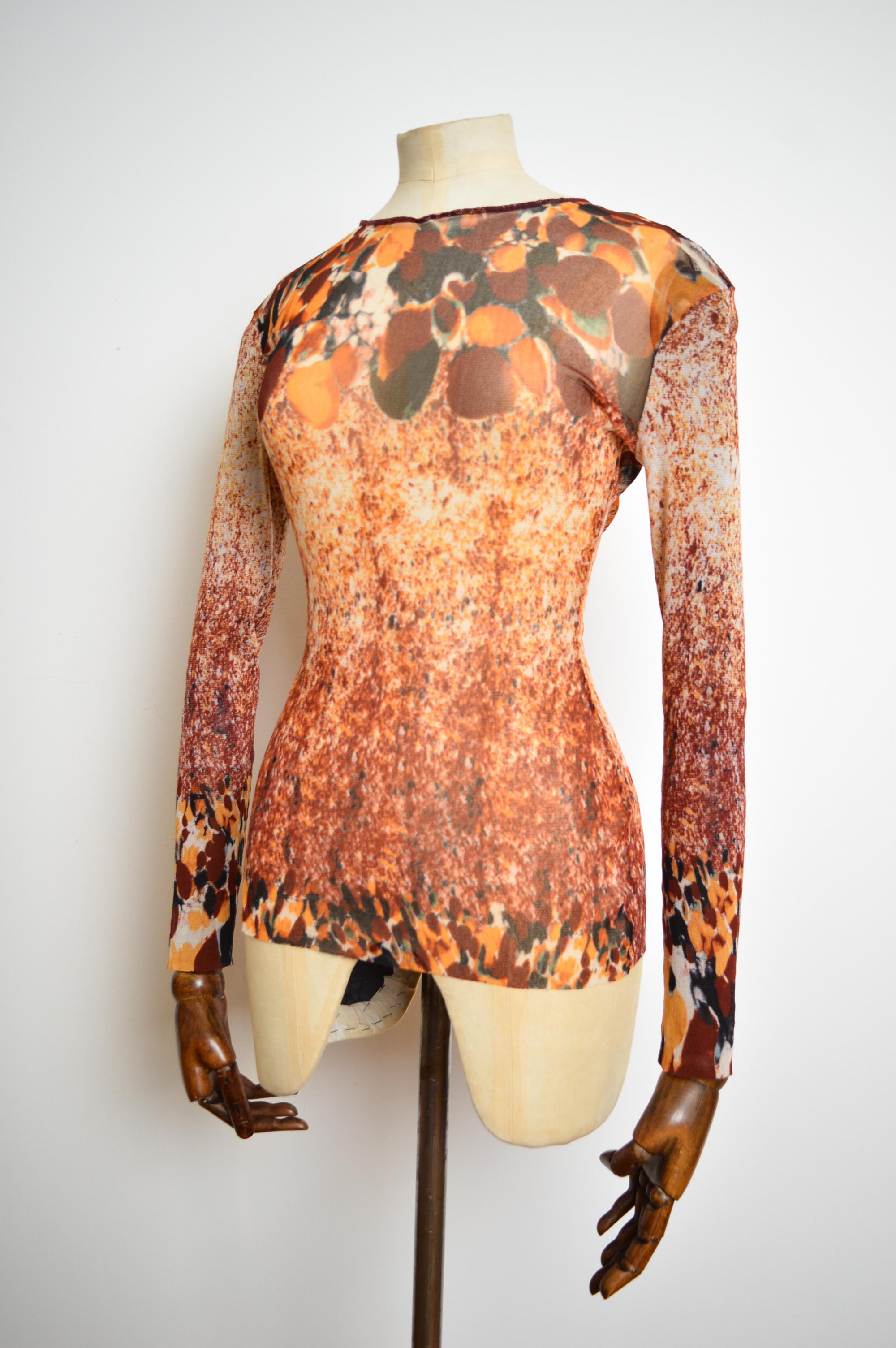 1990's Jean Paul Gaultier Acid Rain Orange Splash print Long sleeve Mesh Top For Sale 2