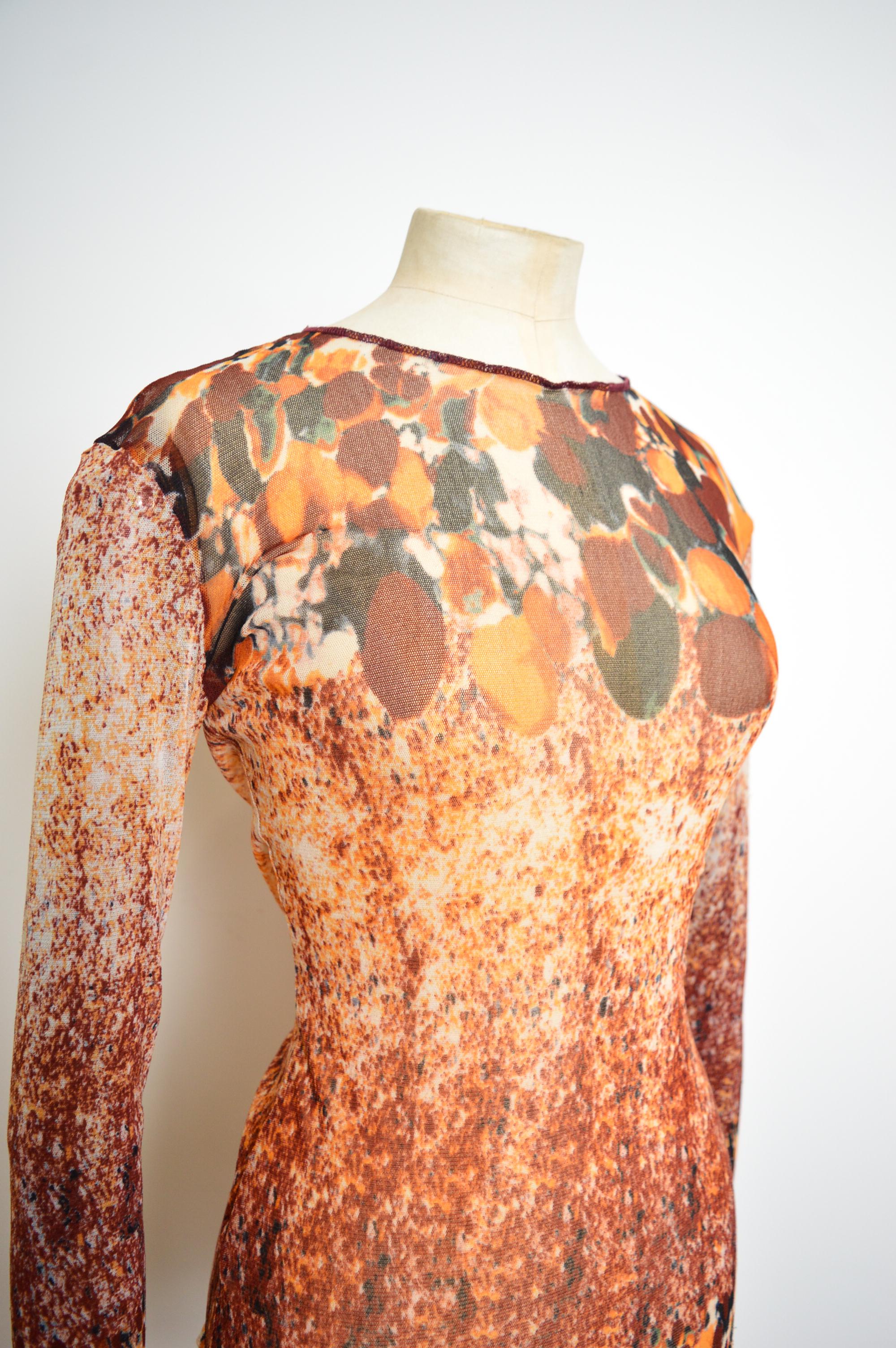 1990's Jean Paul Gaultier Acid Rain Orange Splash print Long sleeve Mesh Top For Sale 5