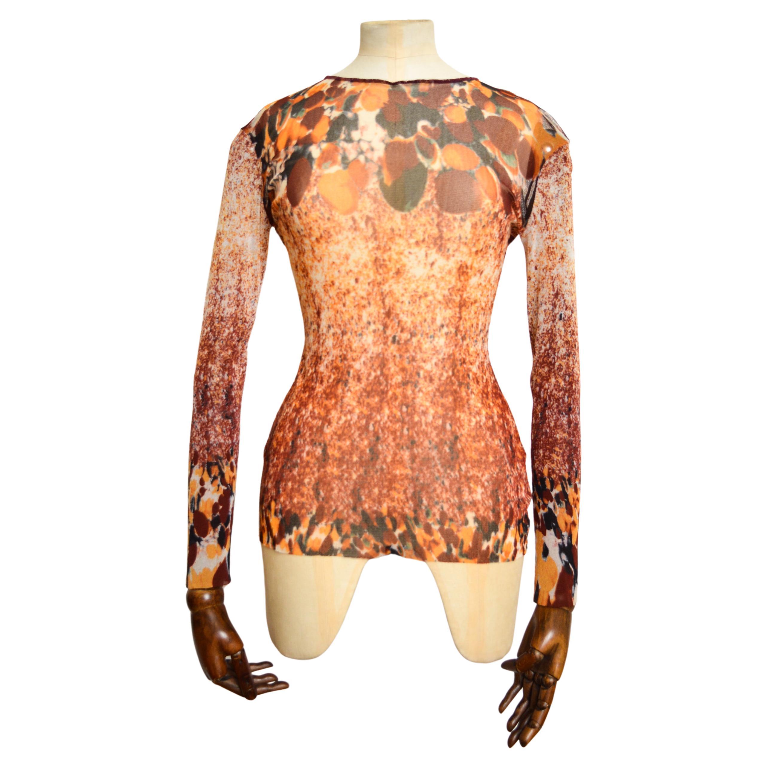 1990's Jean Paul Gaultier Acid Rain Orange Splash print Long sleeve Mesh Top For Sale