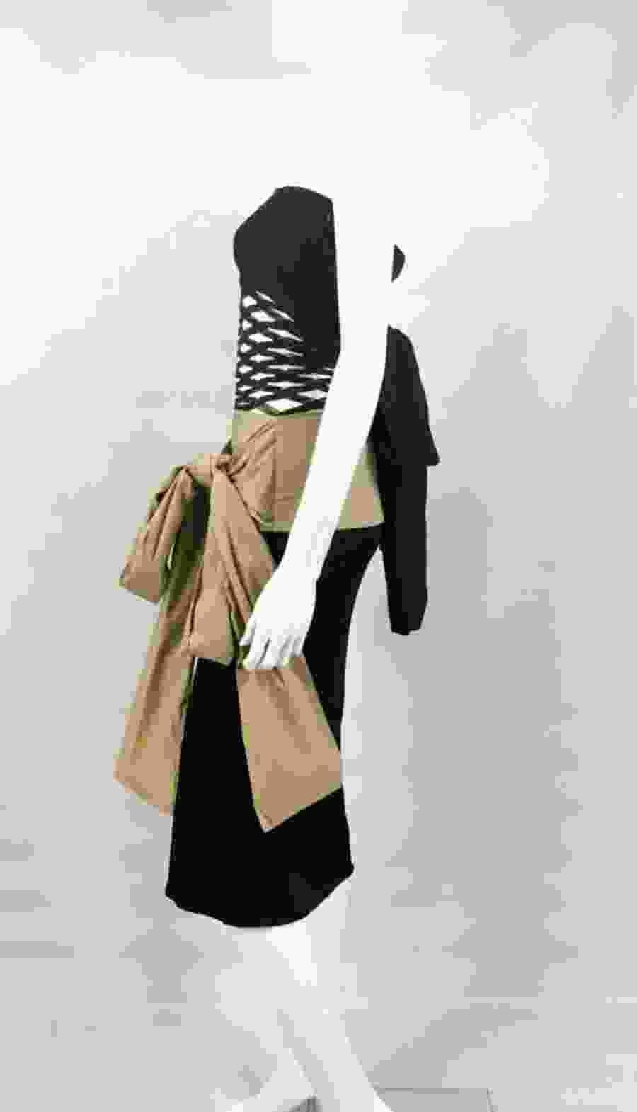 1990's Jean Paul Gaultier Black and Beige Strap With Net Panel Avantgarde Dress 11