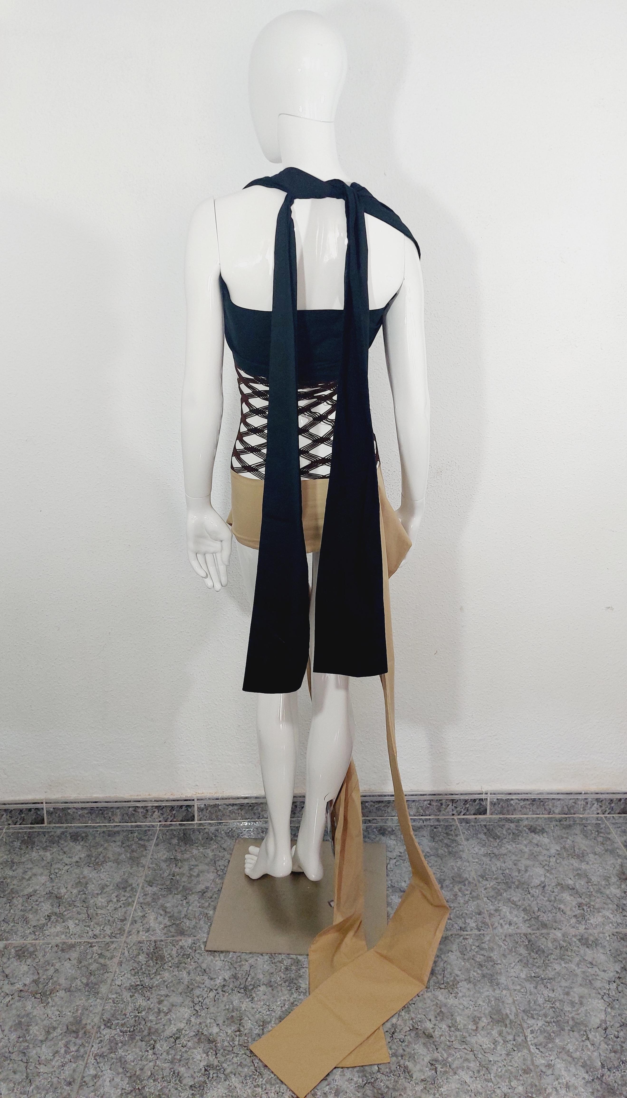 Women's 1990's Jean Paul Gaultier Black and Beige Strap With Net Panel Avantgarde Dress