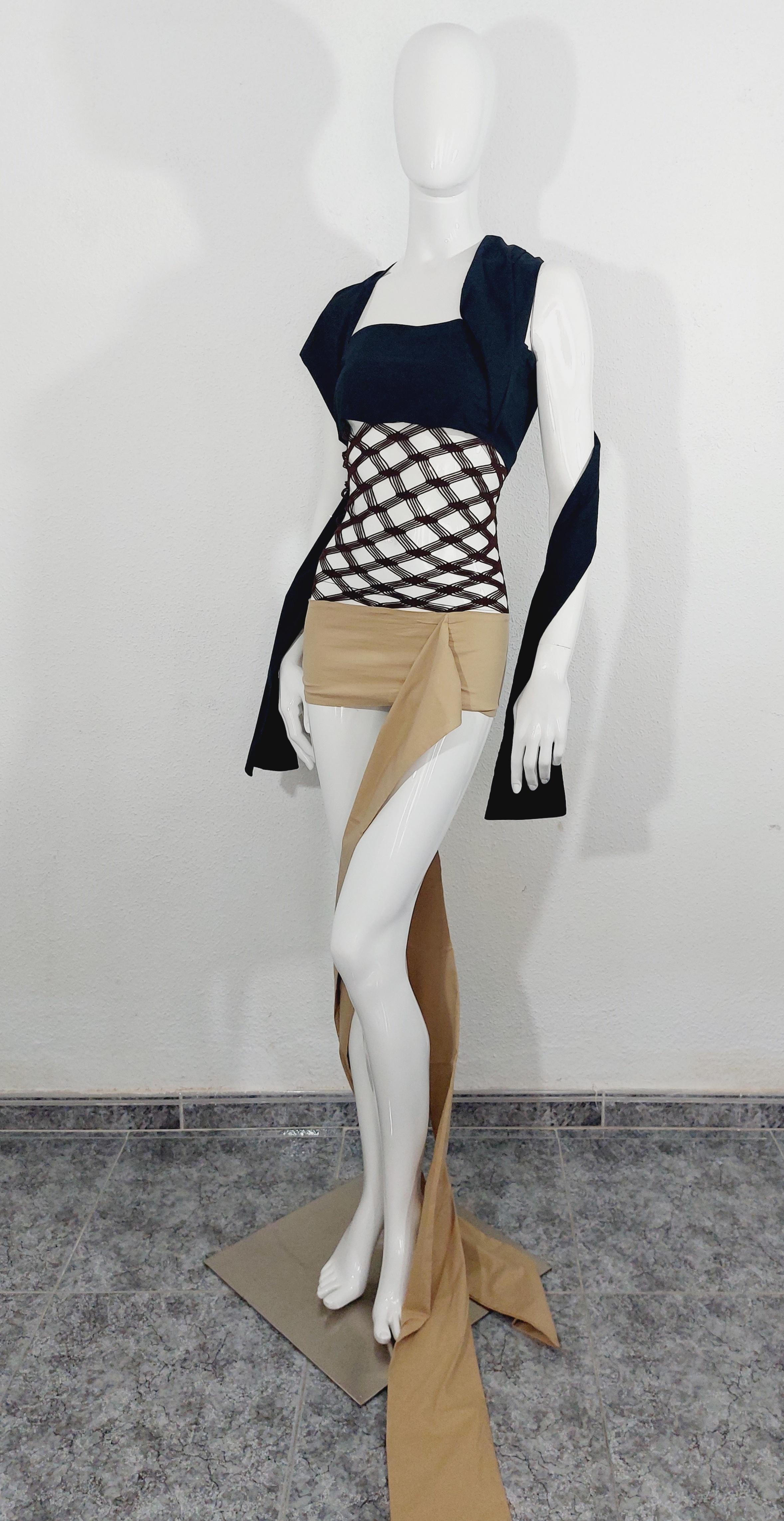 1990's Jean Paul Gaultier Black and Beige Strap With Net Panel Avantgarde Dress 3