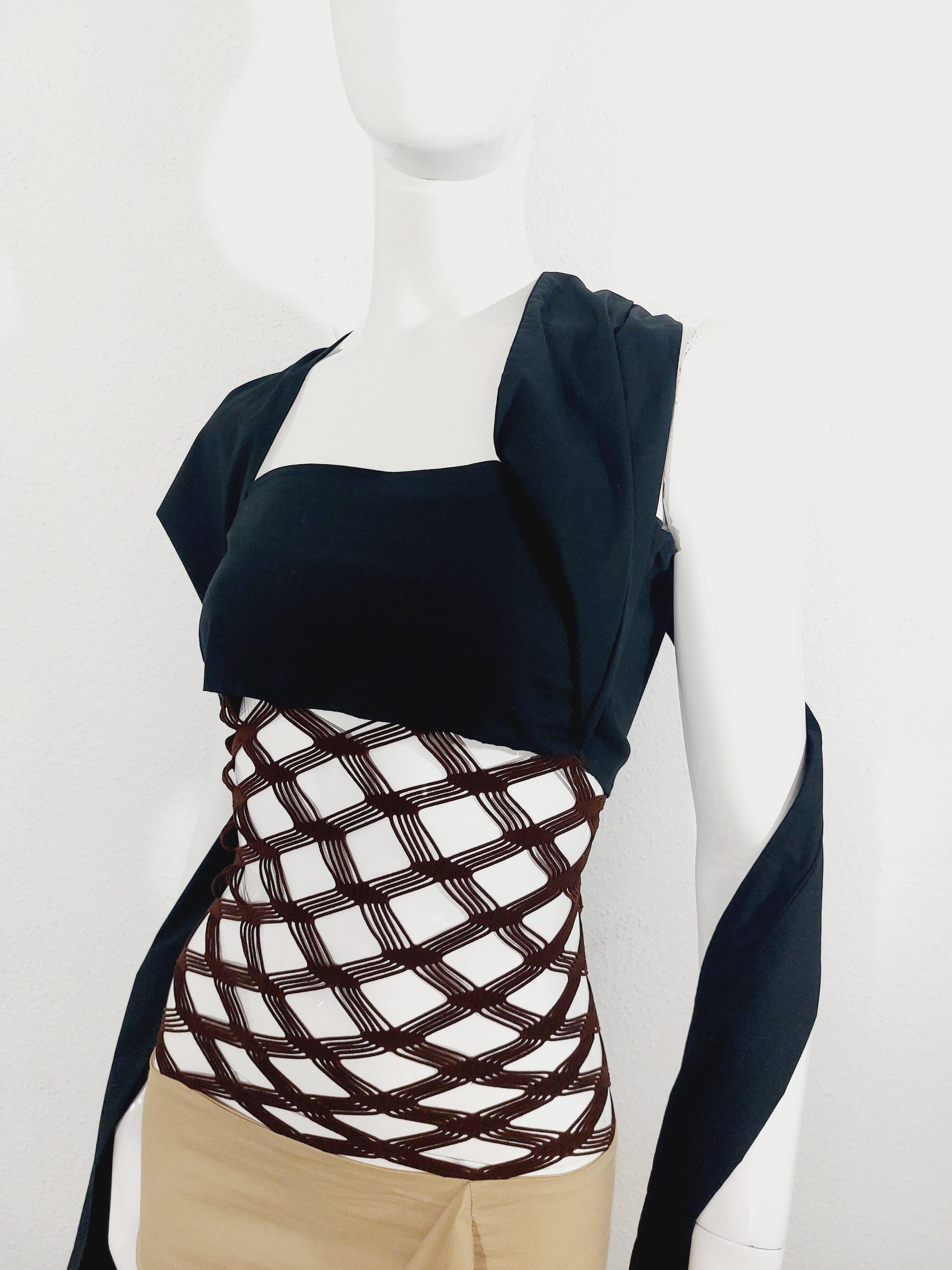 1990's Jean Paul Gaultier Black and Beige Strap With Net Panel Avantgarde Dress 4