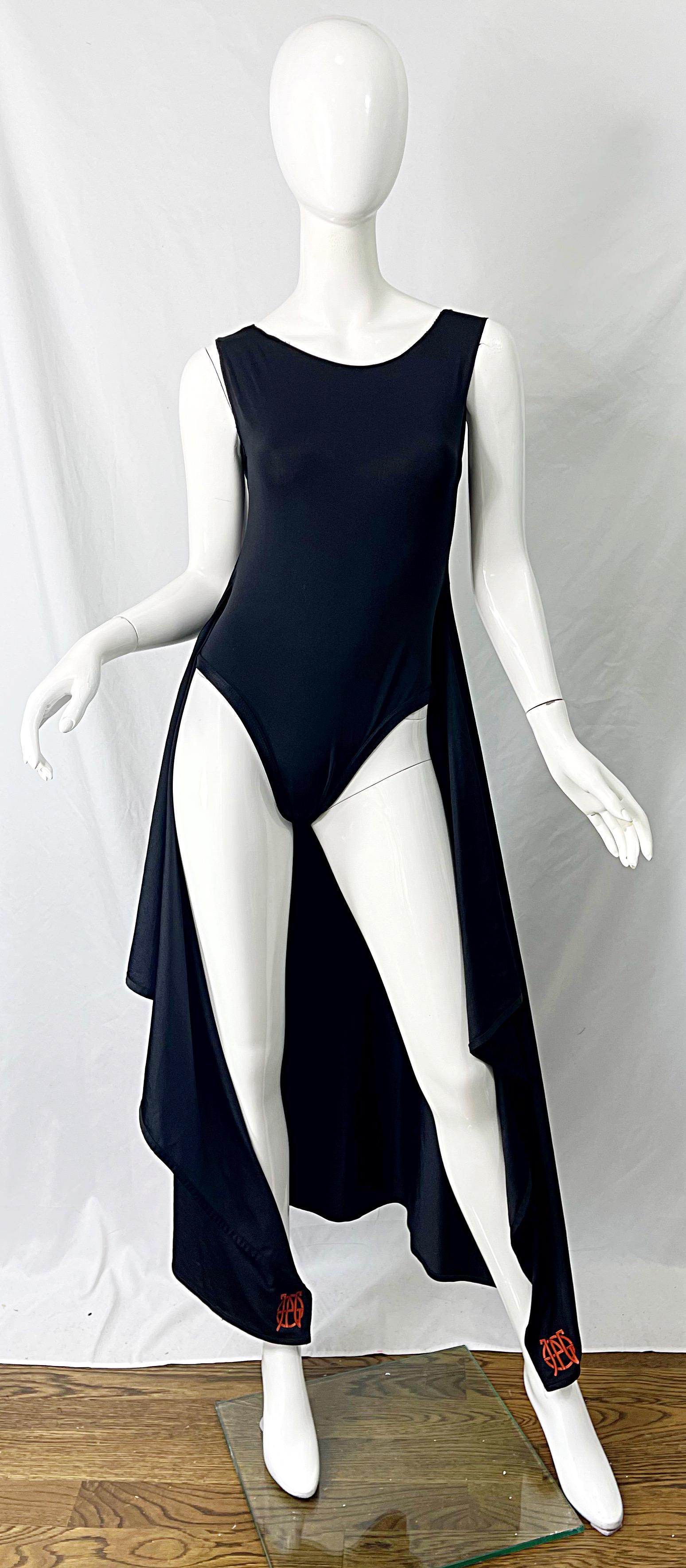 1990s Jean Paul Gaultier Black Logo One Piece Bodysuit Wrap 90s Dress For Sale 13