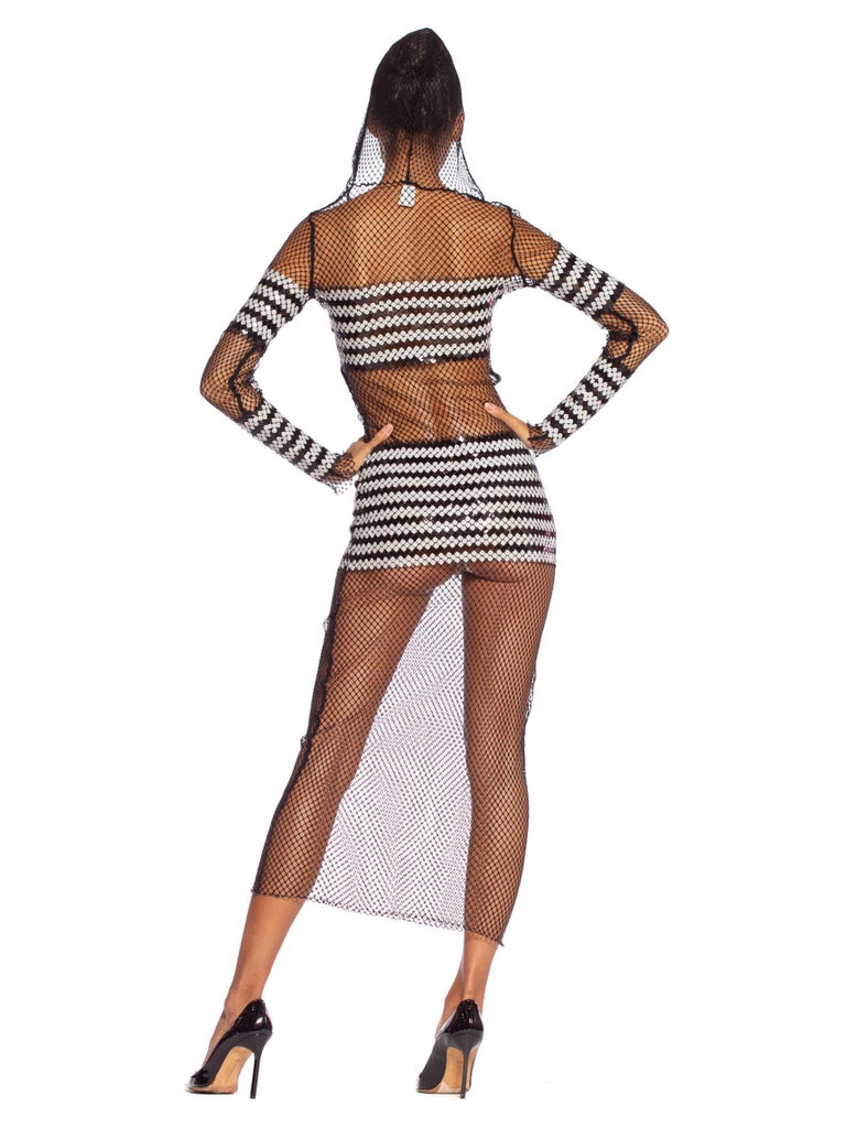 1990S JEAN PAUL GAULTIER Black Sheer JPG Fishnet Sailor Stripe Sequin Dress  Wit at 1stDibs | 90s fishnet outfits, fishnet sparkle dress, sequin fishnet  dress