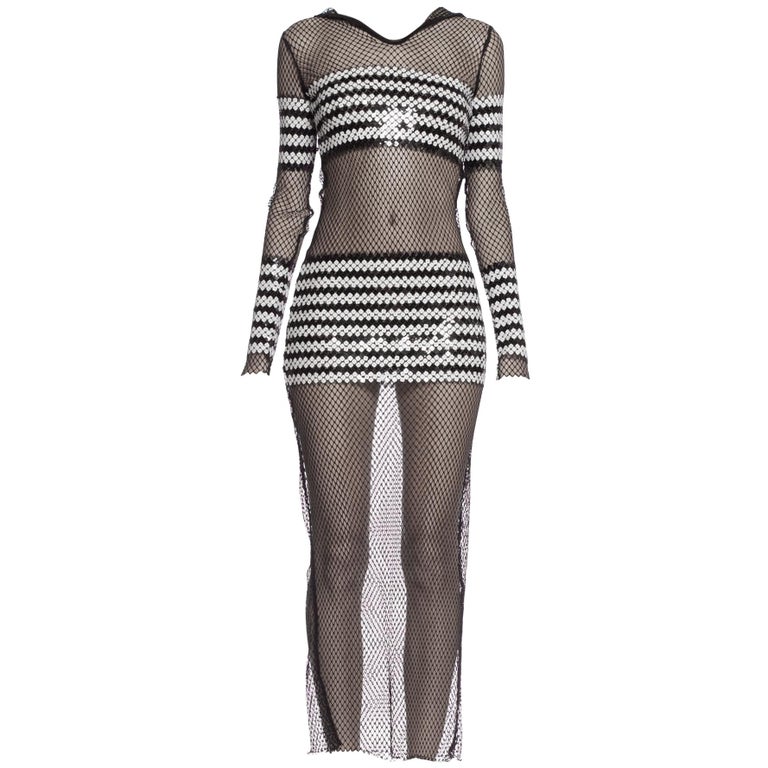 1990S JEAN PAUL GAULTIER Black Sheer JPG Fishnet Sailor Stripe Sequin Dress  Wit at 1stDibs | 90s fishnet outfits, fishnet sparkle dress, sequin fishnet  dress