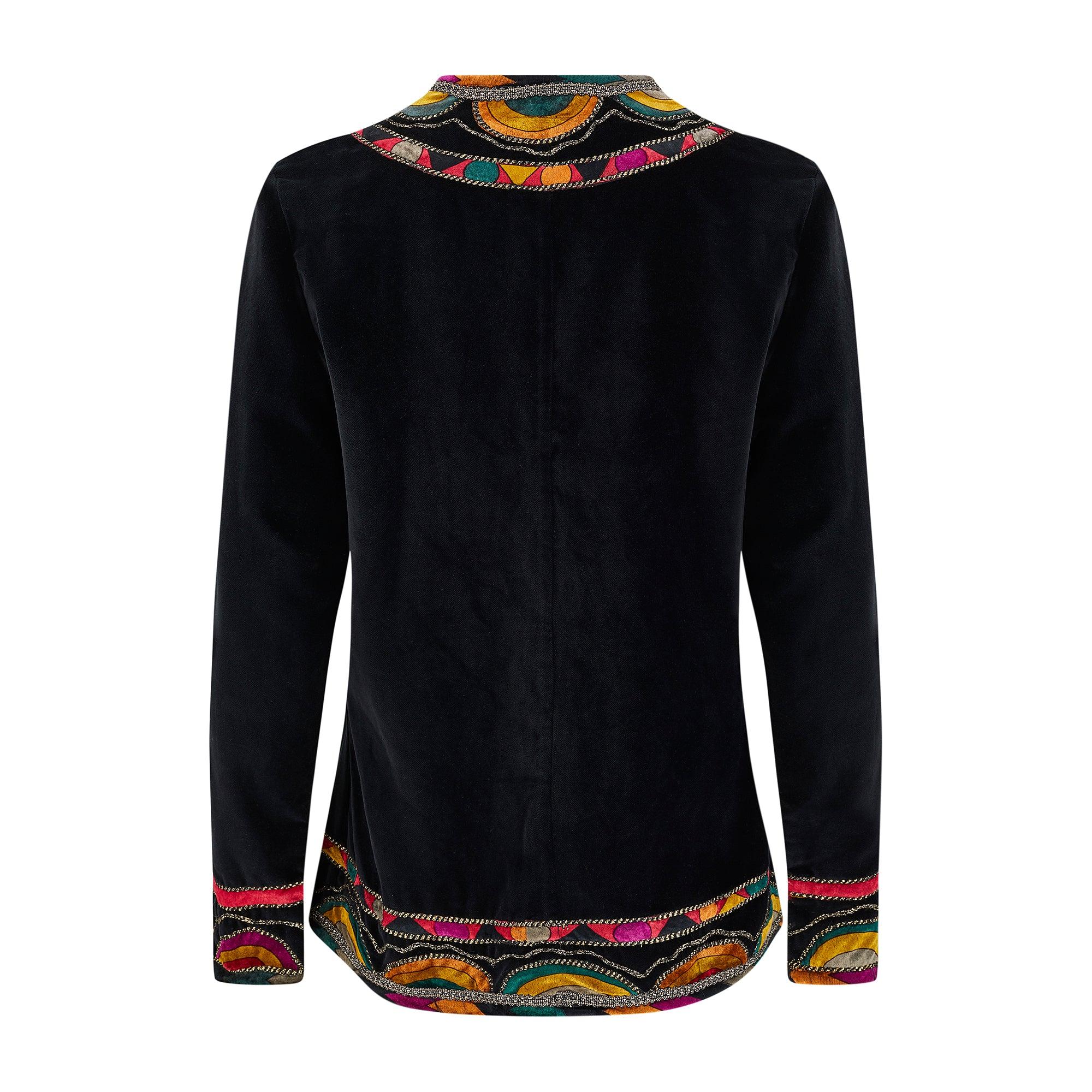 1990s Jean Paul Gaultier Black Velvet Jacket with Jewel Toned Trim In Excellent Condition For Sale In London, GB
