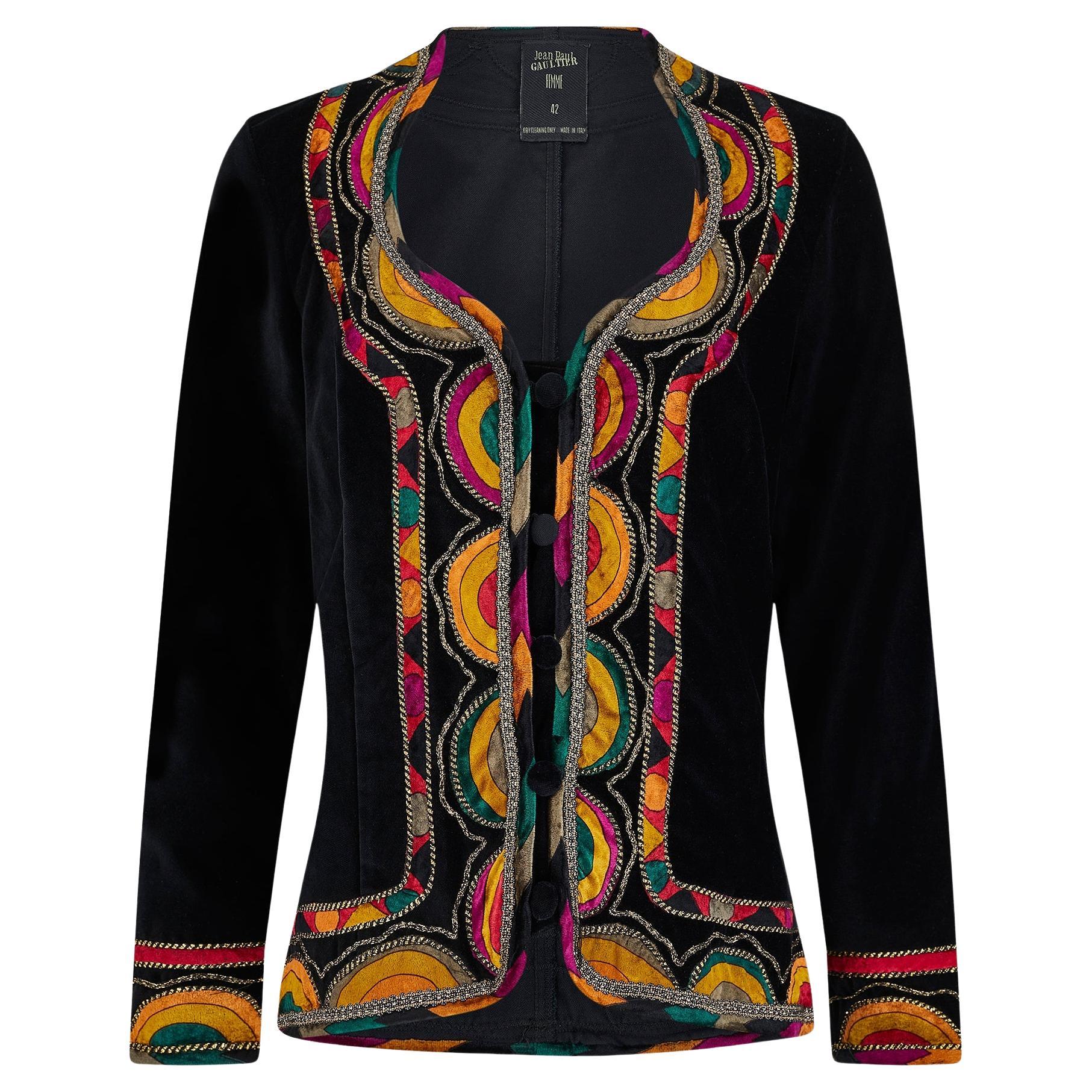 1990s Jean Paul Gaultier Black Velvet Jacket with Jewel Toned Trim For Sale