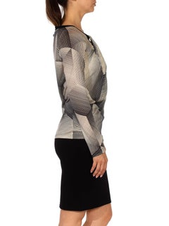 1990S JEAN PAUL GAULTIER Black & White Silk Jersey Op-Art Geometric Shirt