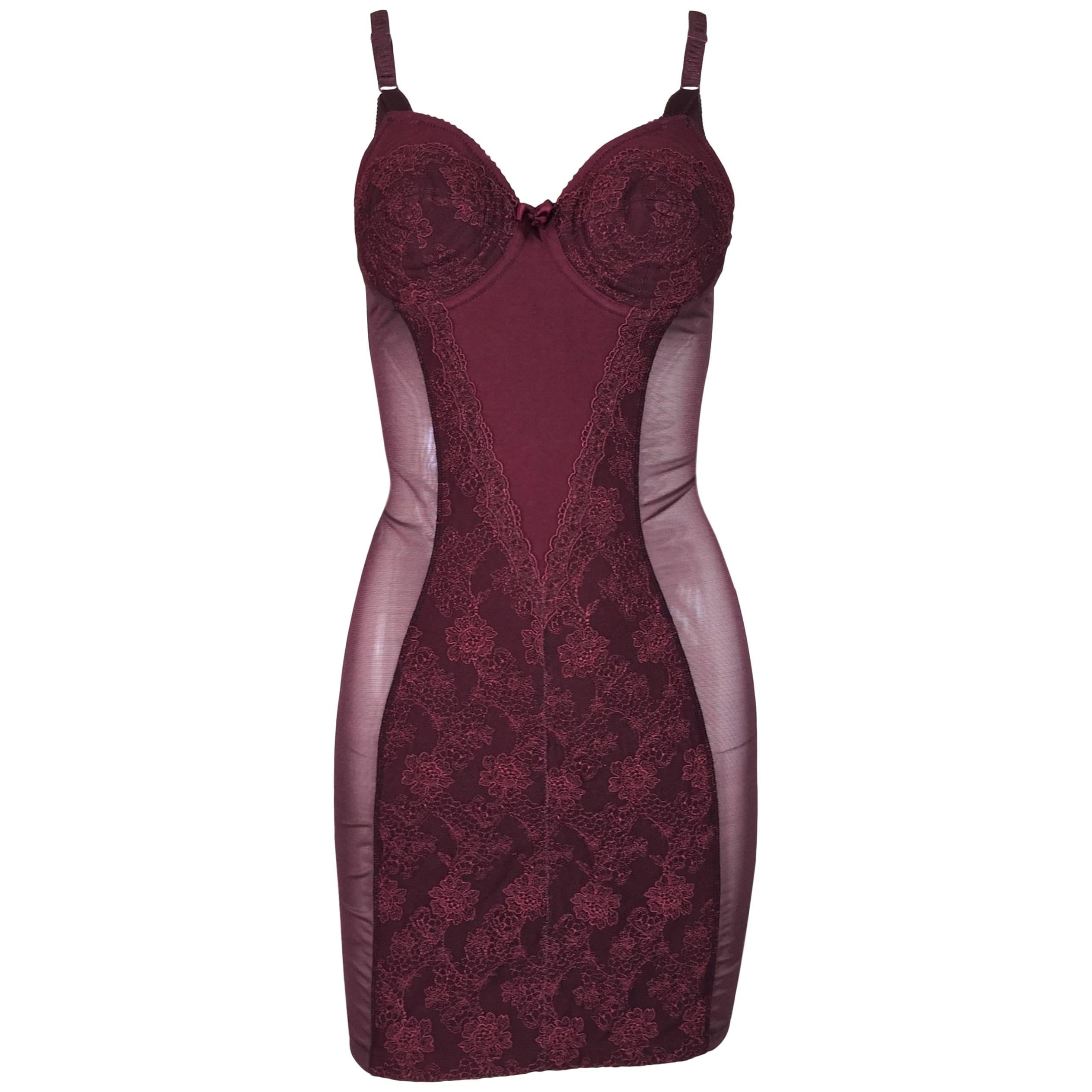 1990's Jean Paul Gaultier Burgundy Sheer Lace Cone Bra Corset Mini Dress